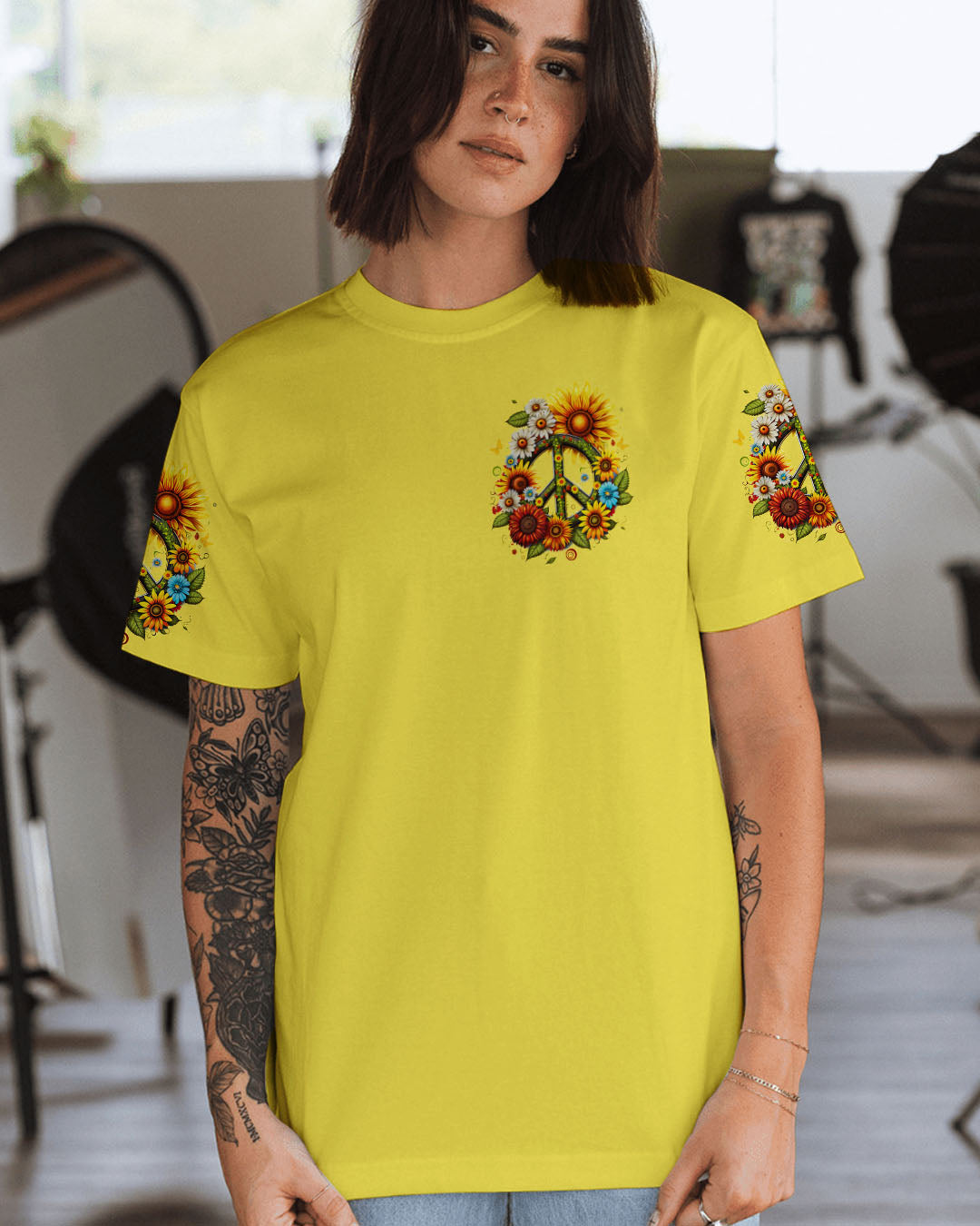 Imagine All the People Living Life in Peace Sunflower Peace Sign Design AOP Shirts _13_ yYyNT