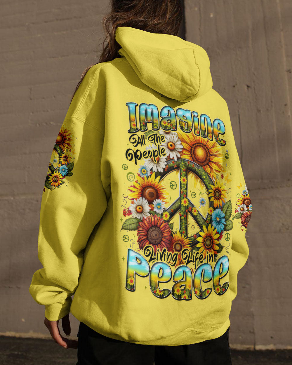 Imagine All the People Living Life in Peace Sunflower Peace Sign Design AOP Shirts _14_ 1SfuV