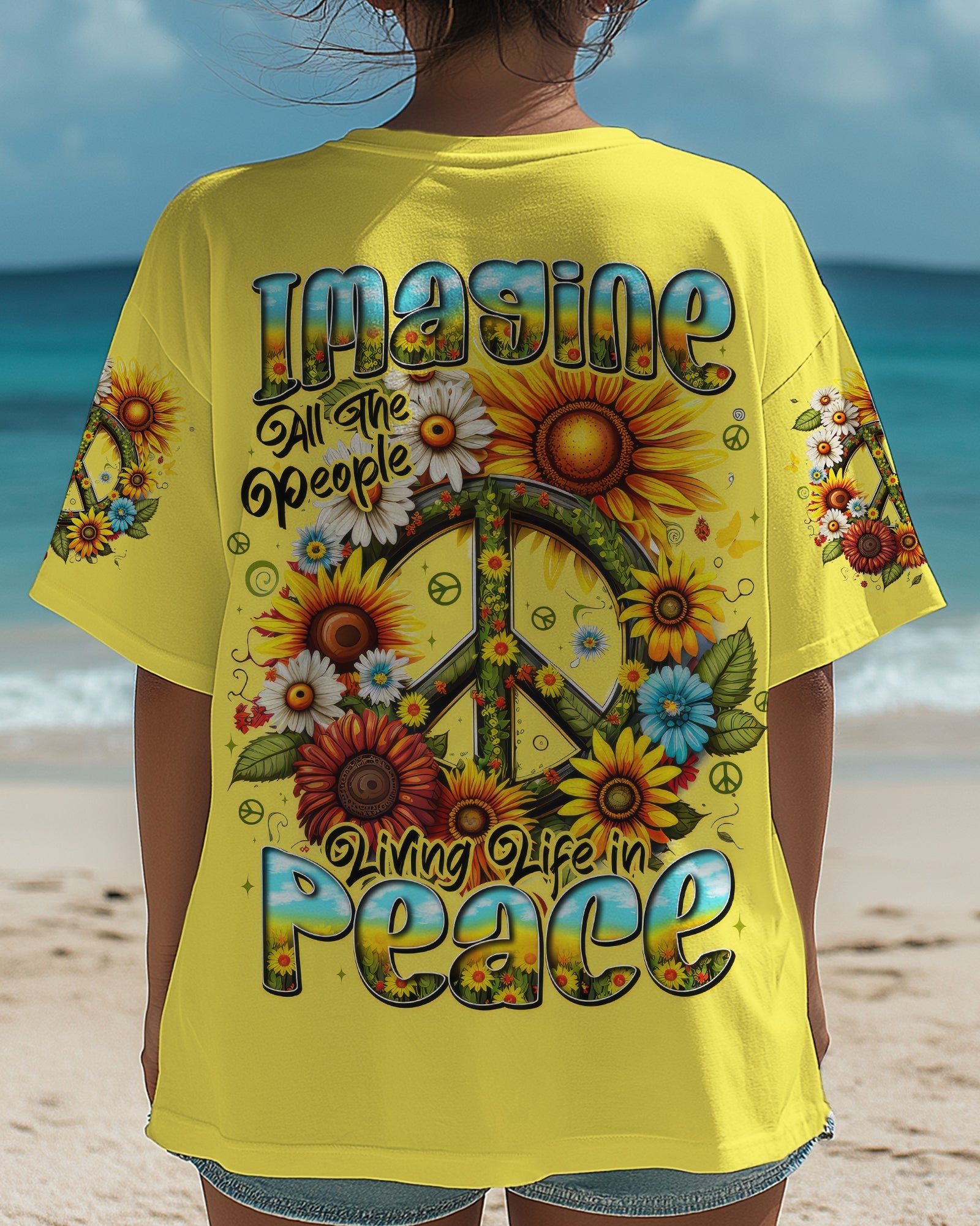 Imagine All the People Living Life in Peace Sunflower Peace Sign Design AOP Shirts _1_ LDjGr
