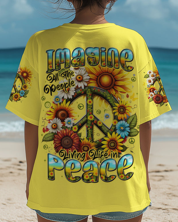 Imagine All the People Living Life in Peace - Sunflower Peace Sign Design - AOP Shirts