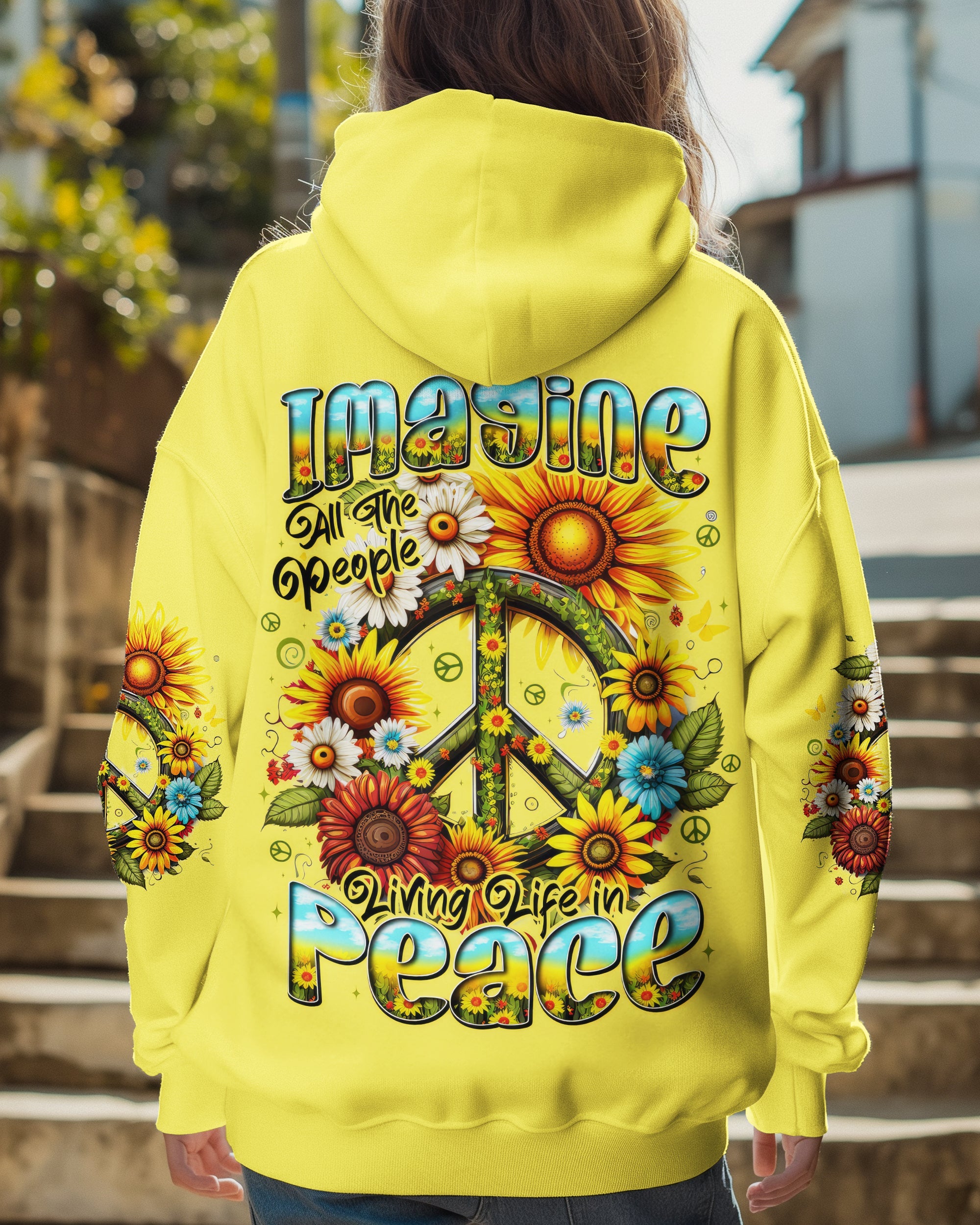 Imagine All the People Living Life in Peace Sunflower Peace Sign Design AOP Shirts _5_ 6QRRa