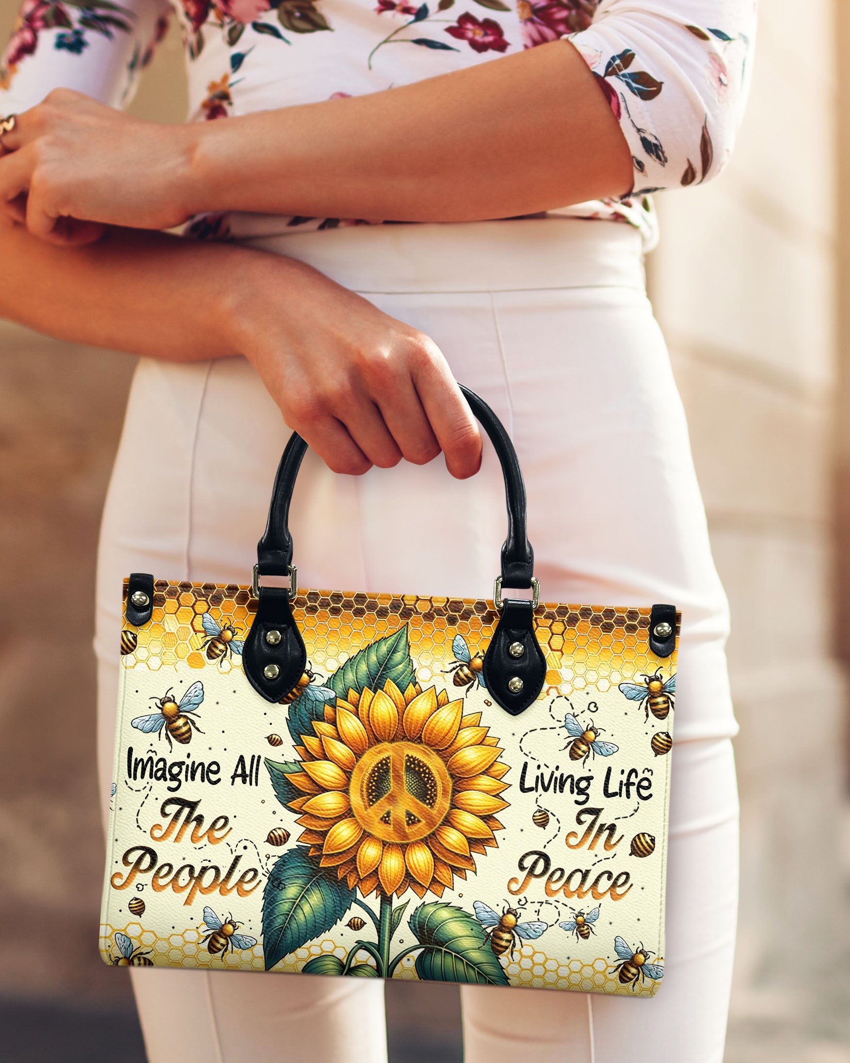 Imagine All the People Living Life in Peace Sunflower Peace Sign Hippie Leather Bag _10_ Ok9Xj