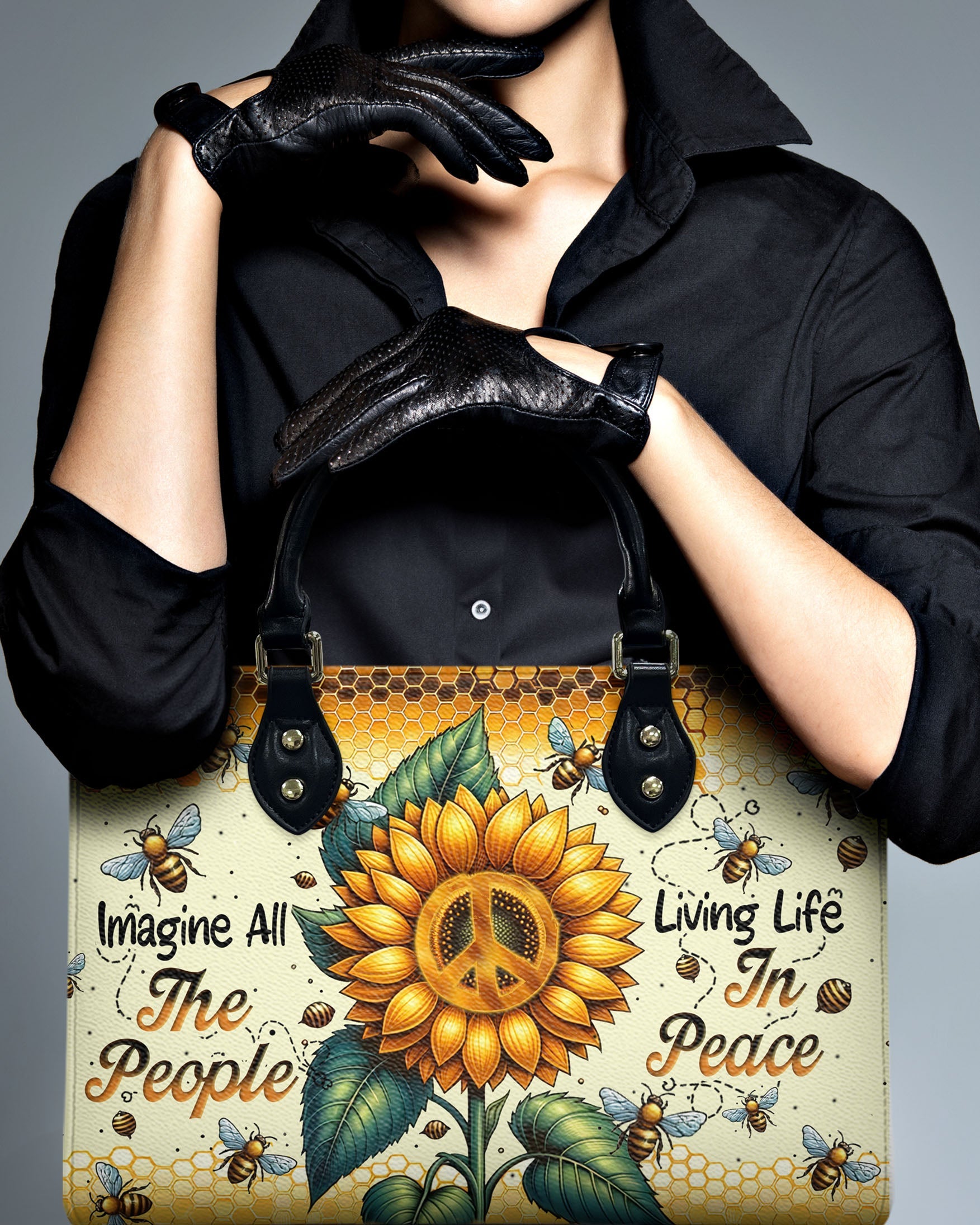 Imagine All the People Living Life in Peace Sunflower Peace Sign Hippie Leather Bag _11_ nyAxk