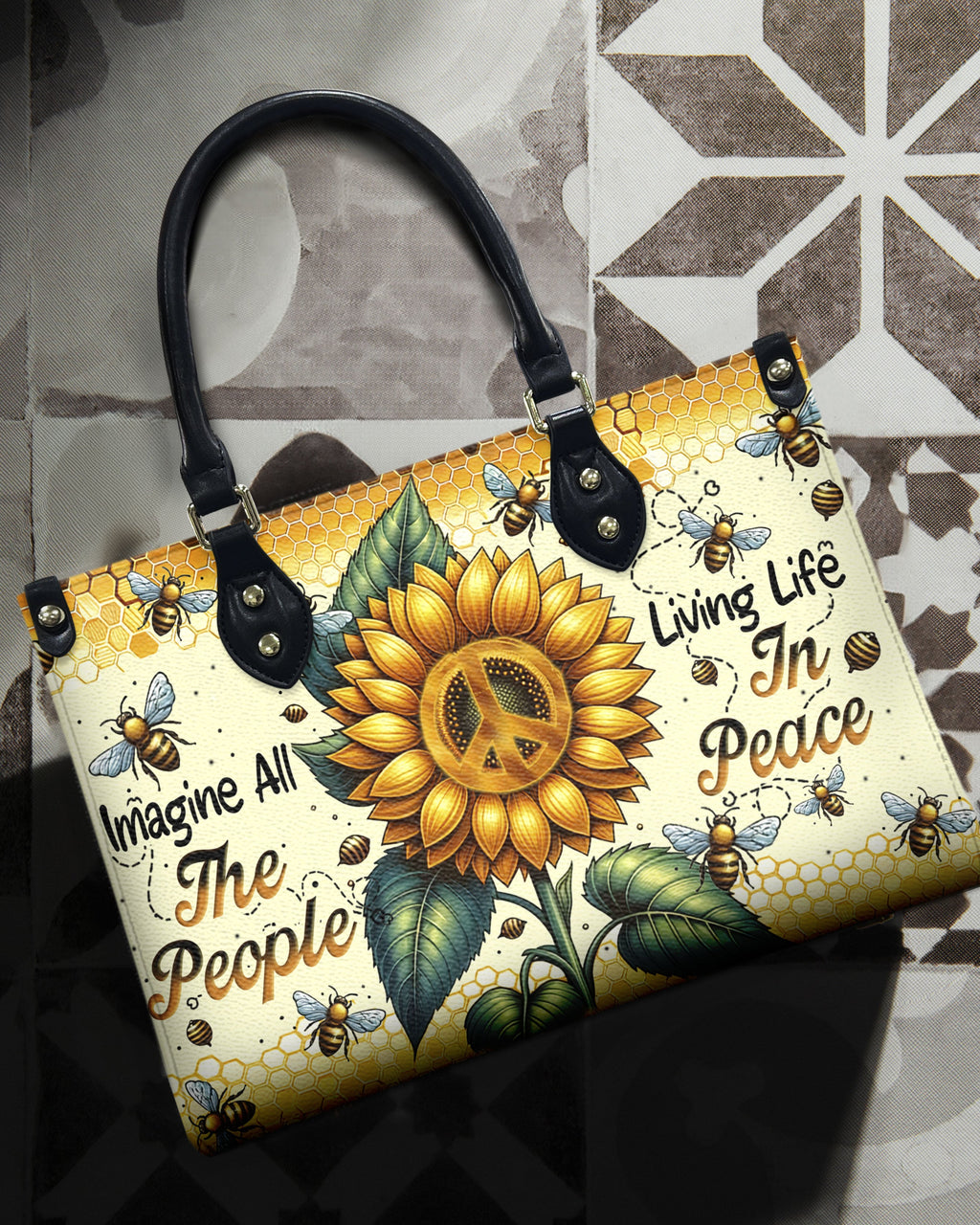Imagine All the People Living Life in Peace Sunflower Peace Sign Hippie Leather Bag _1_ R9jDs