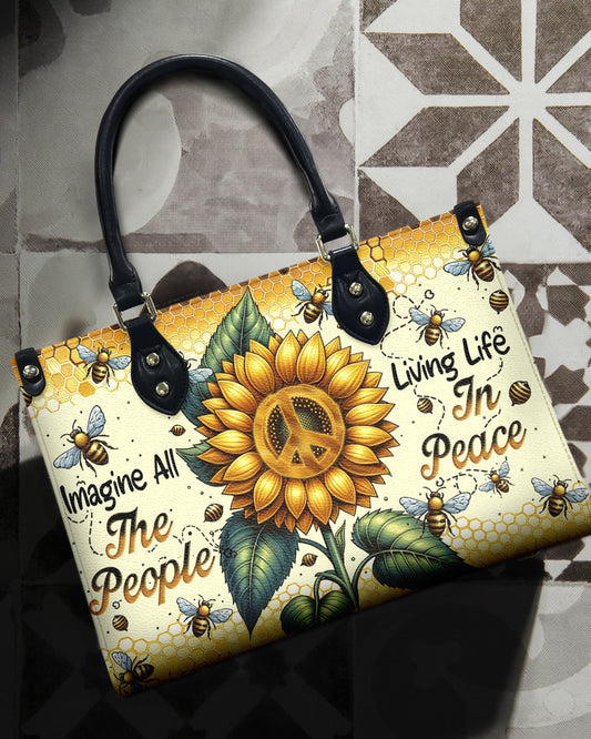 Imagine All the People Living Life in Peace Sunflower Peace Sign Hippie Leather Bag _1_ R9jDs