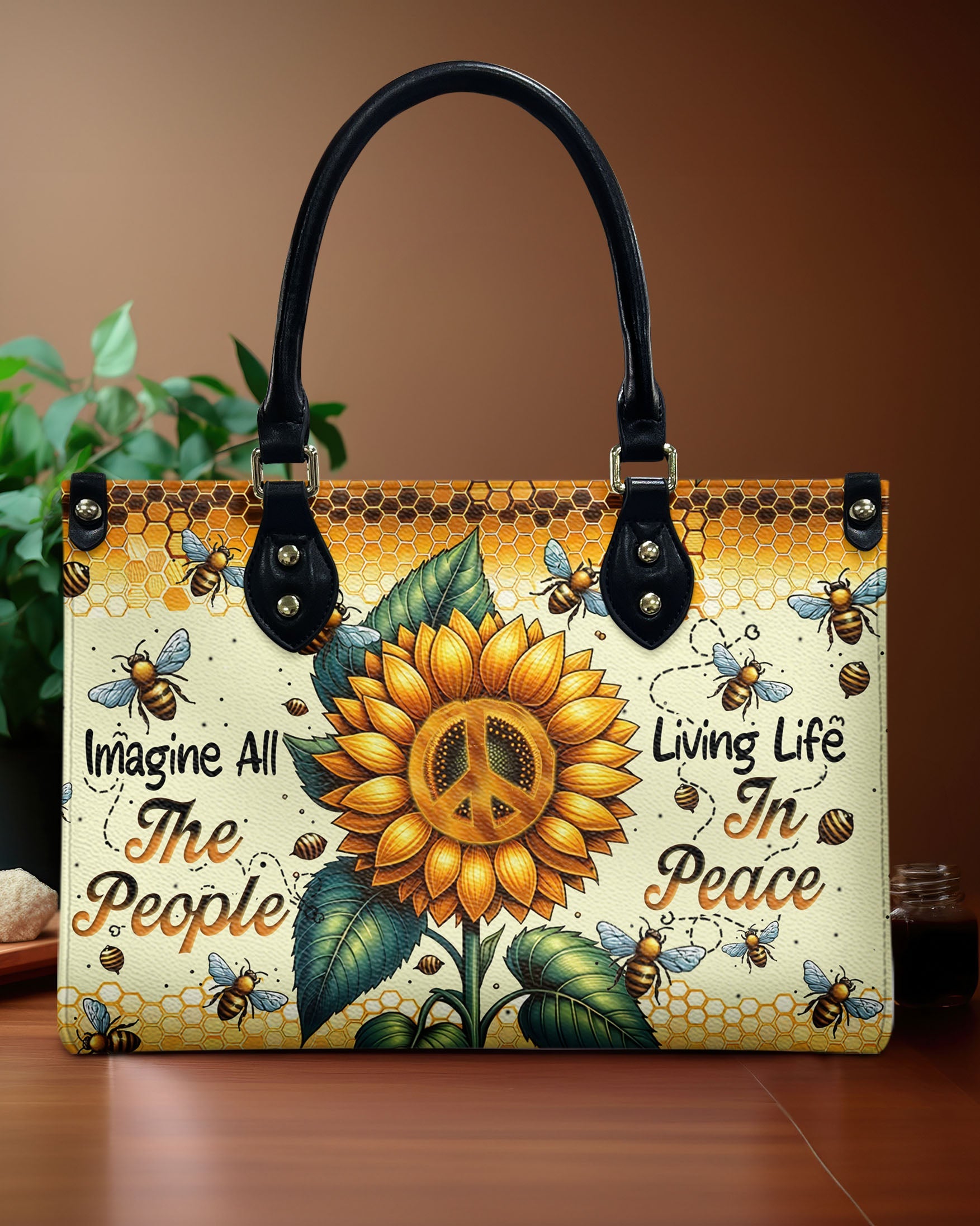Imagine All the People Living Life in Peace Sunflower Peace Sign Hippie Leather Bag _2_ UnlH6