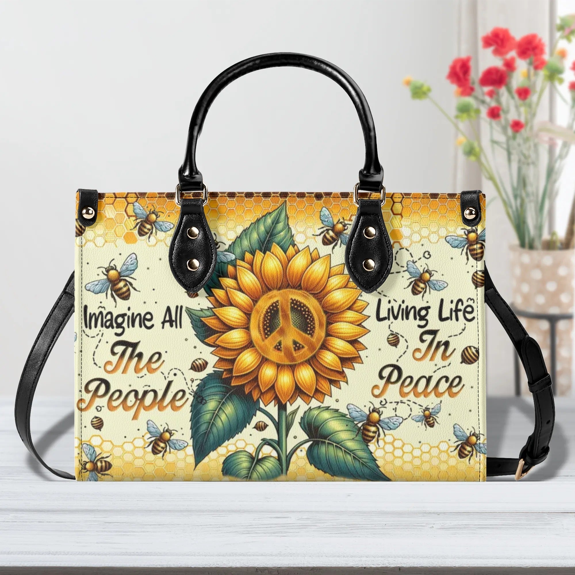 Imagine All the People Living Life in Peace Sunflower Peace Sign Hippie Leather Bag _3_ hYp09