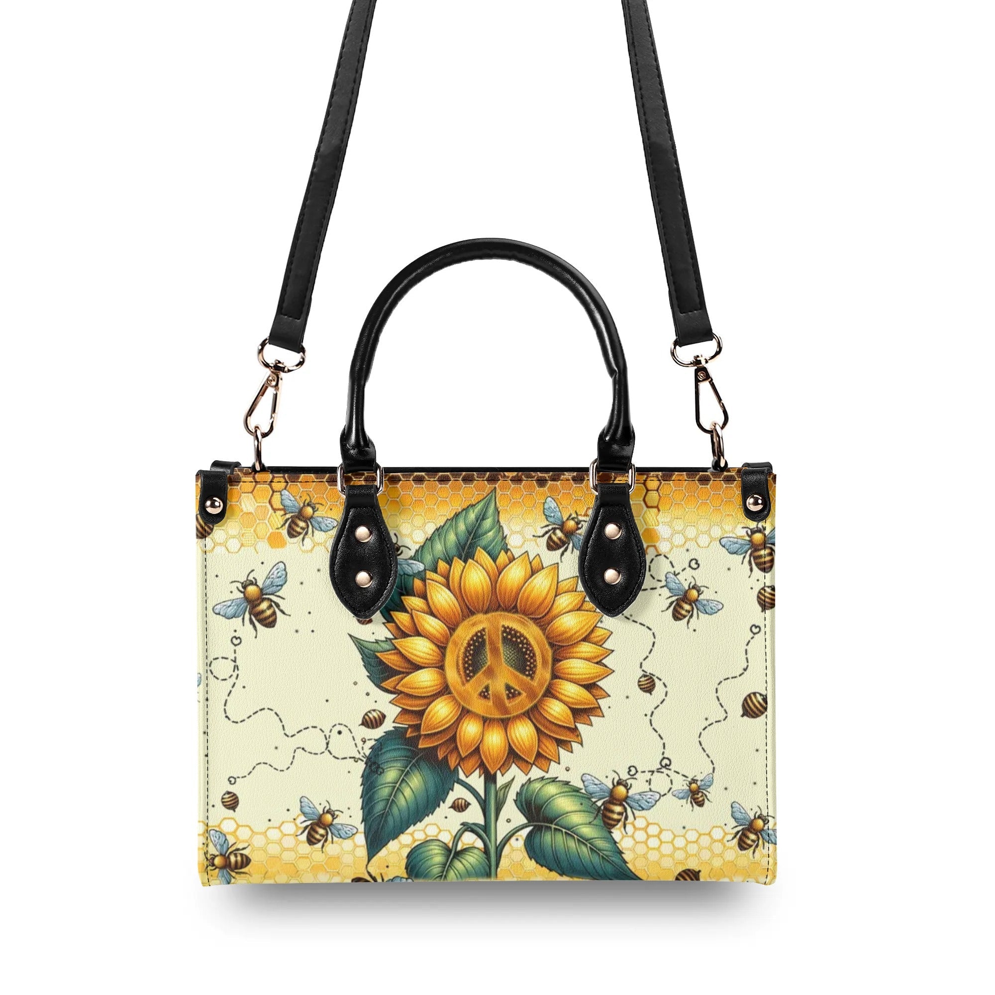 Imagine All the People Living Life in Peace Sunflower Peace Sign Hippie Leather Bag _4_ sqL5O