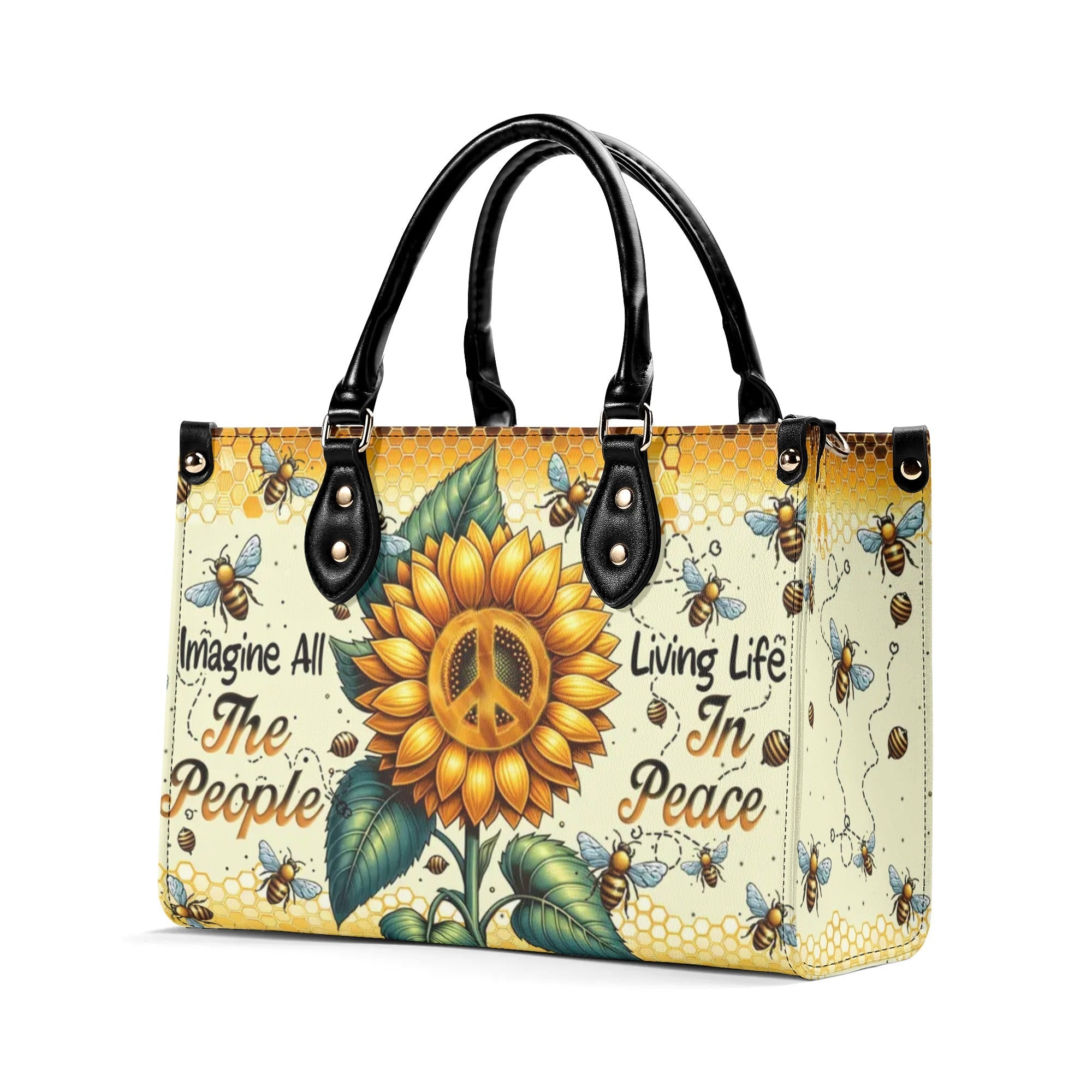 Imagine All the People Living Life in Peace Sunflower Peace Sign Hippie Leather Bag _6_ 6CJz1