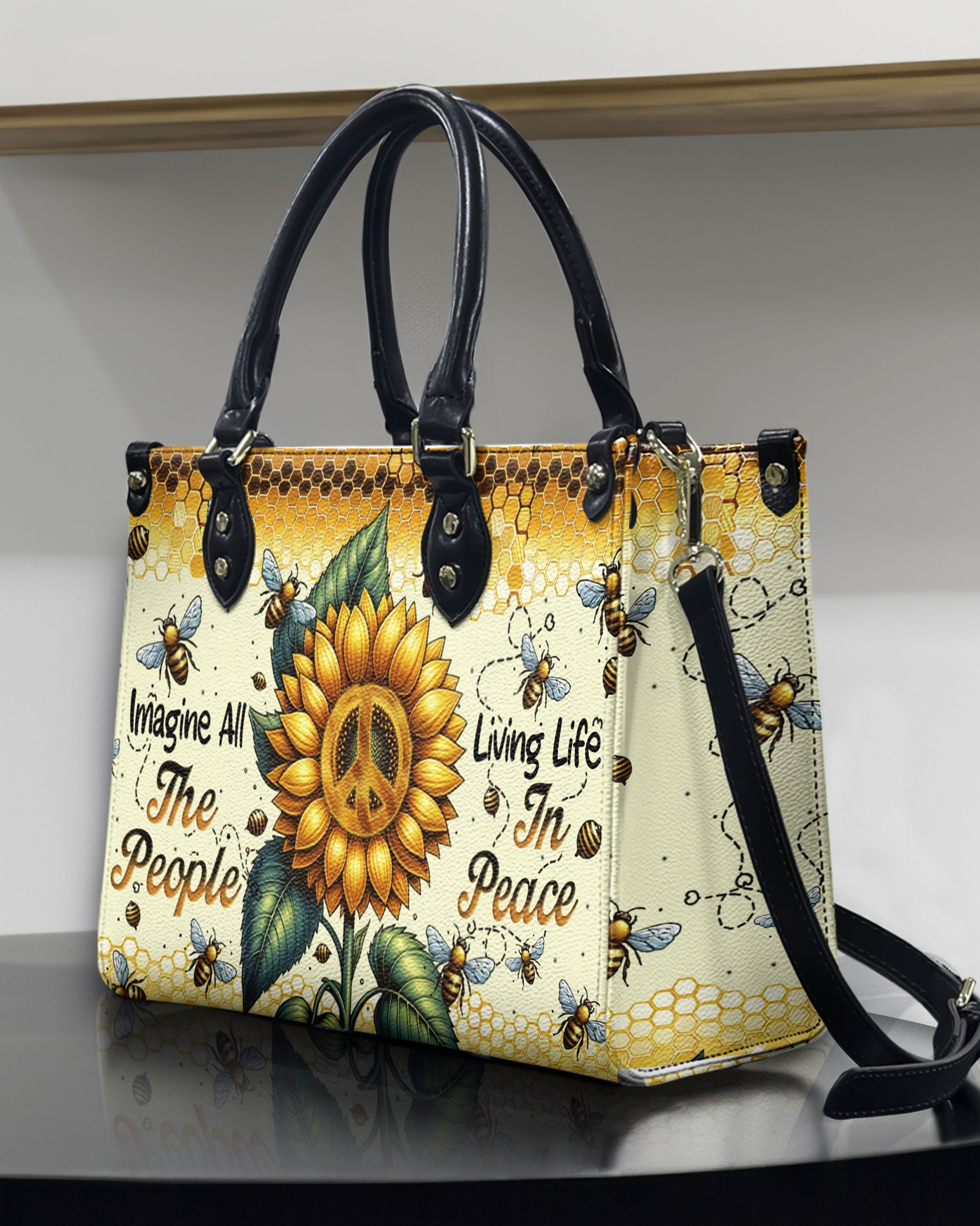 Imagine All the People Living Life in Peace Sunflower Peace Sign Hippie Leather Bag _9_ r09KZ