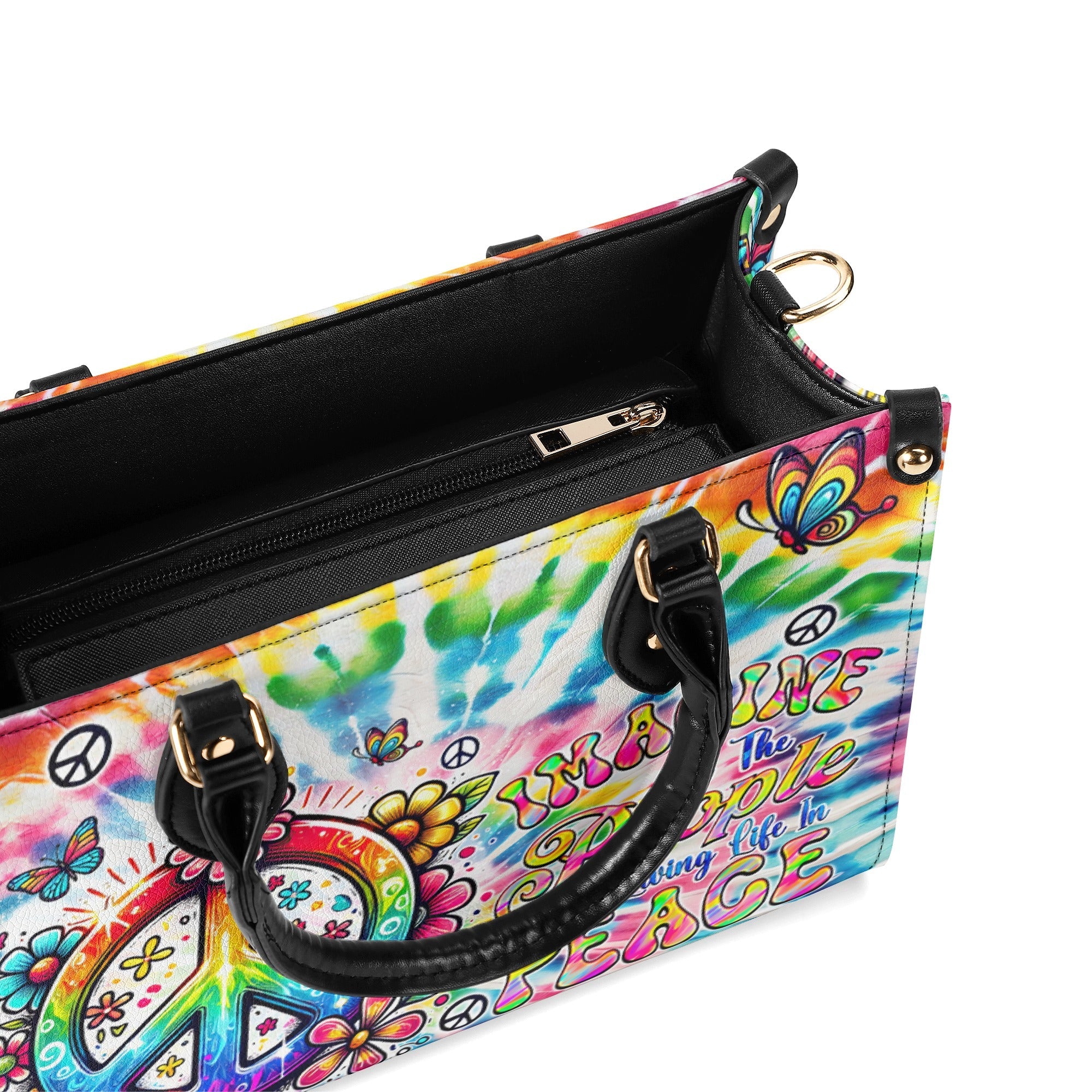 Imagine All the People Living Life in Peace Tie Dye Colorful Peace Sign Hippie Leather Bag 7xCT4