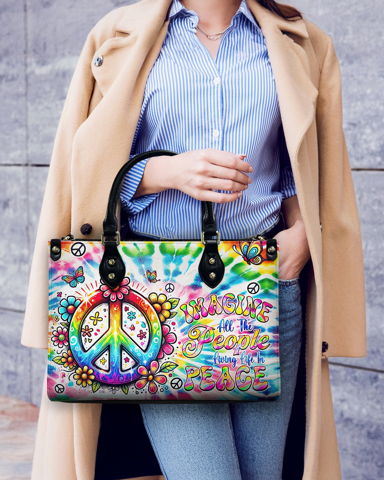 Imagine All the People Living Life in Peace Tie Dye Colorful Peace Sign Hippie Leather Bag _11_ HFUJ3