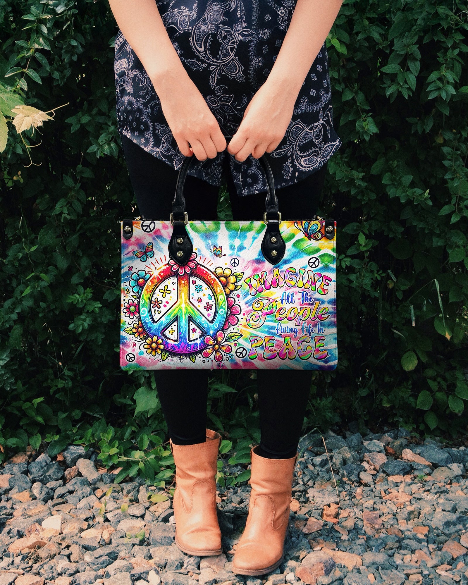 Imagine All the People Living Life in Peace Tie Dye Colorful Peace Sign Hippie Leather Bag _12_ HuSru