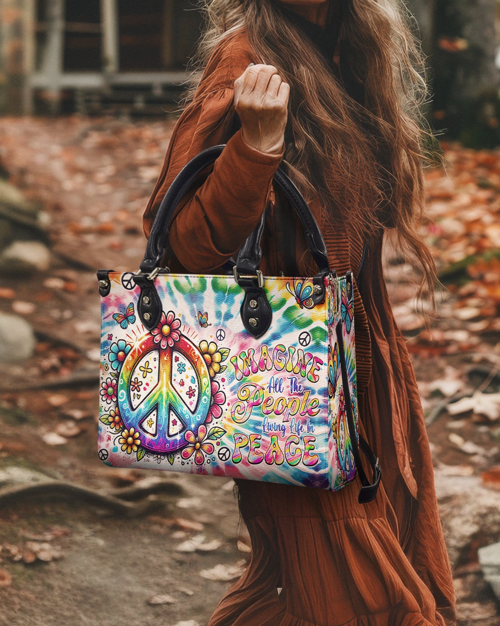 Imagine All the People Living Life in Peace Tie Dye Colorful Peace Sign Hippie Leather Bag _13_ B9dth