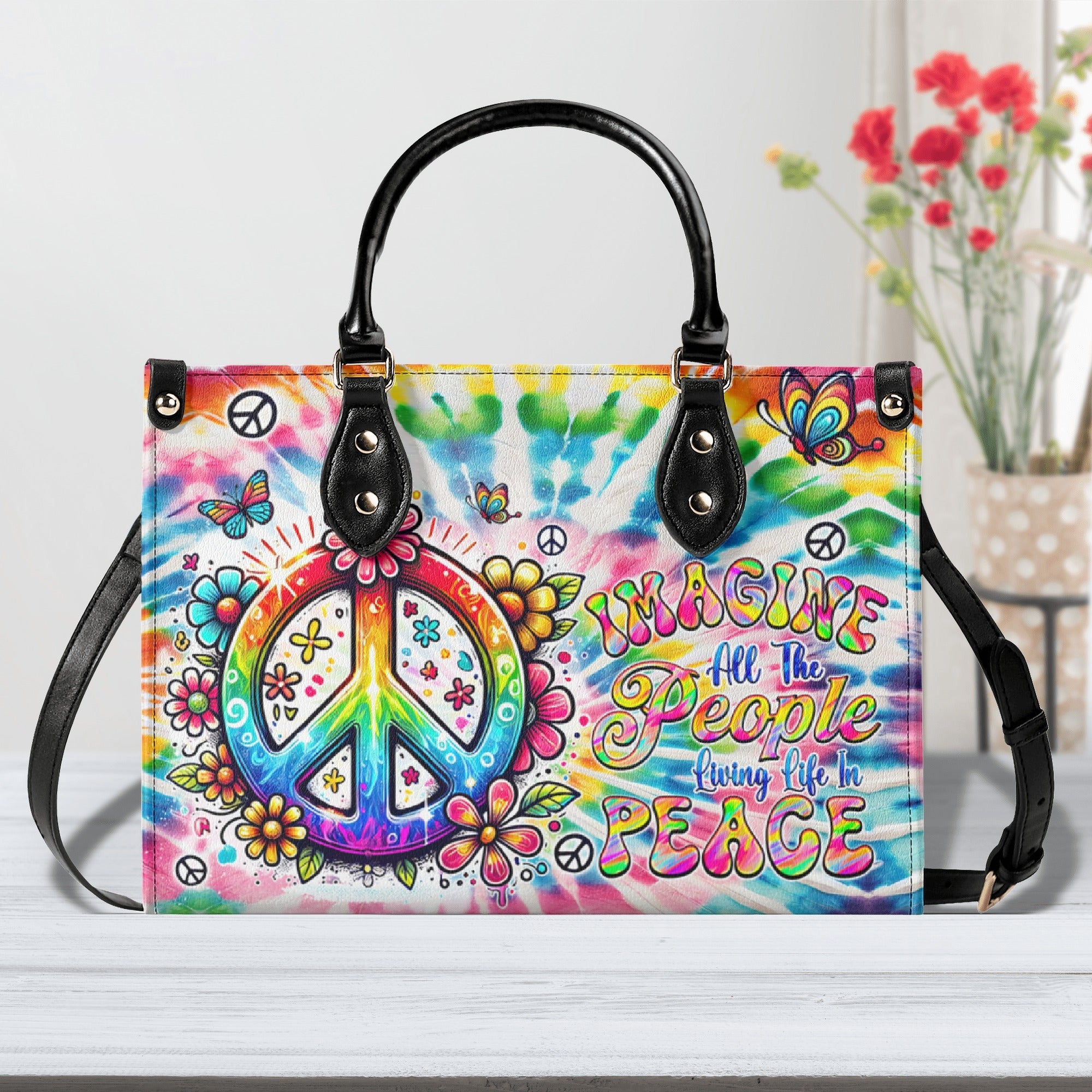 Imagine All the People Living Life in Peace Tie Dye Colorful Peace Sign Hippie Leather Bag _1_ 8agPL