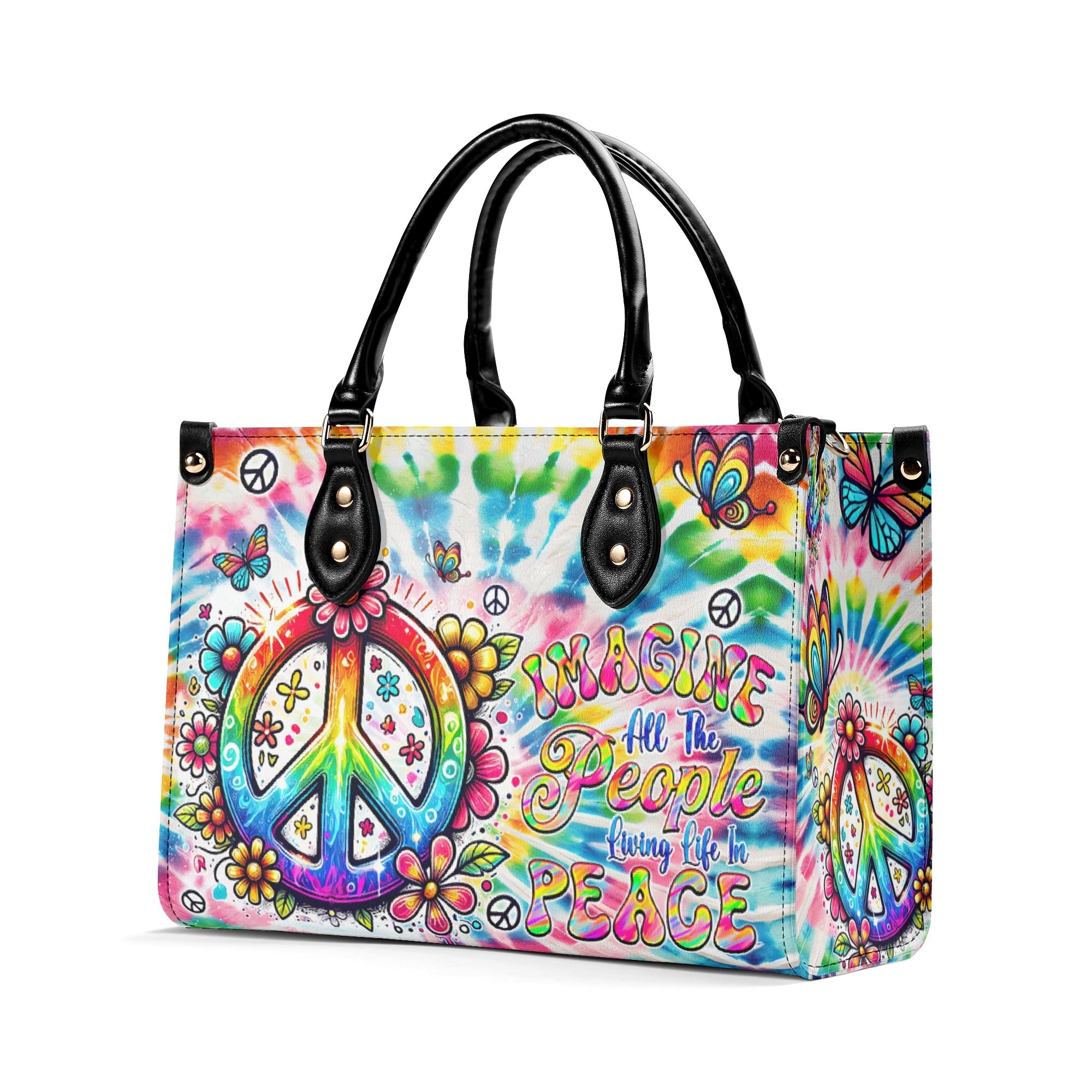 Imagine All the People Living Life in Peace Tie Dye Colorful Peace Sign Hippie Leather Bag _3_ oAMc4