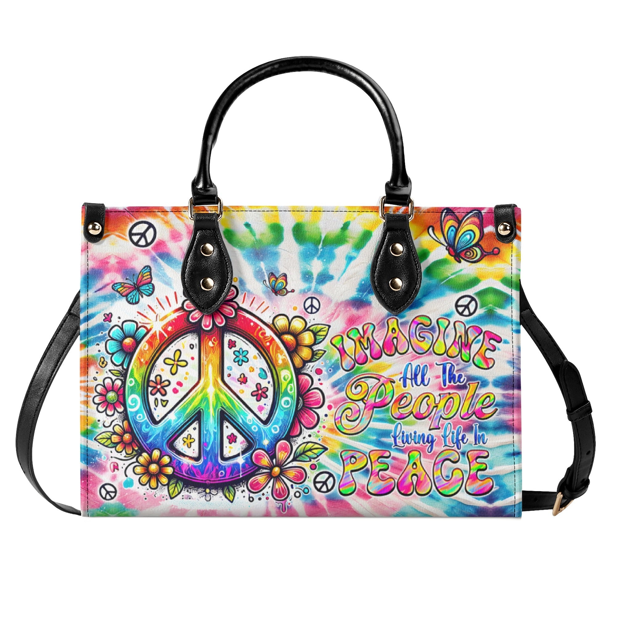Imagine All the People Living Life in Peace Tie Dye Colorful Peace Sign Hippie Leather Bag _4_ y3bAW