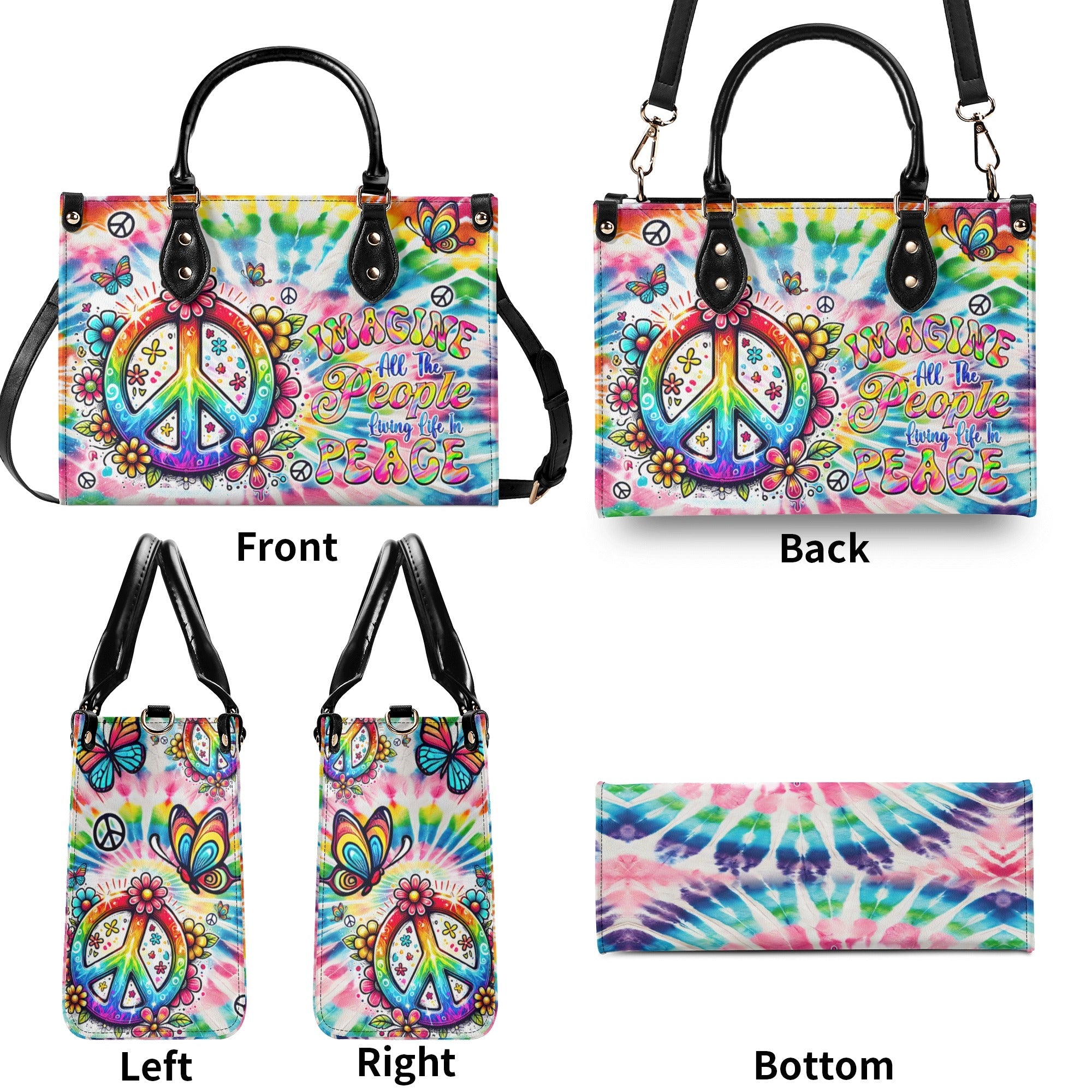 Imagine All the People Living Life in Peace Tie Dye Colorful Peace Sign Hippie Leather Bag _9_ zwnhW