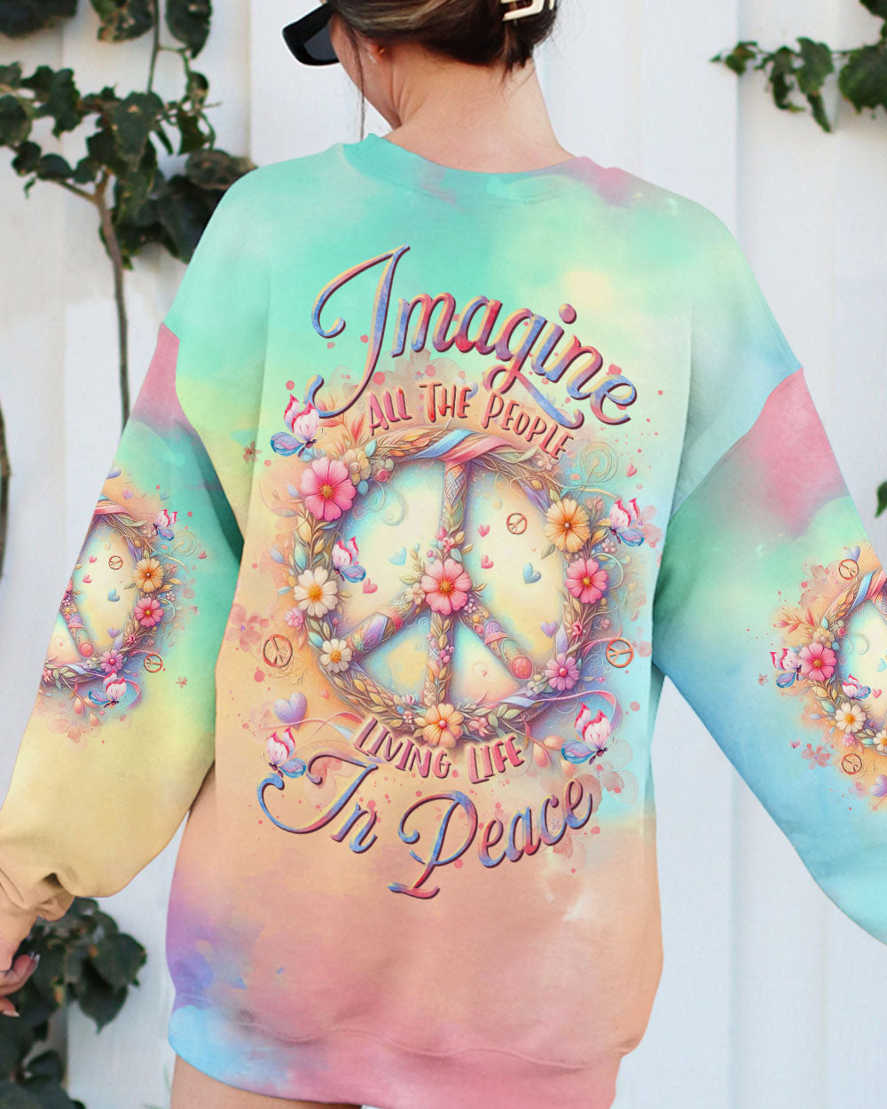 Imagine All the People Living Life in Peace Tie Dye Hippie Floral Peace Symbol AOP Shirts _9_ xhu9O