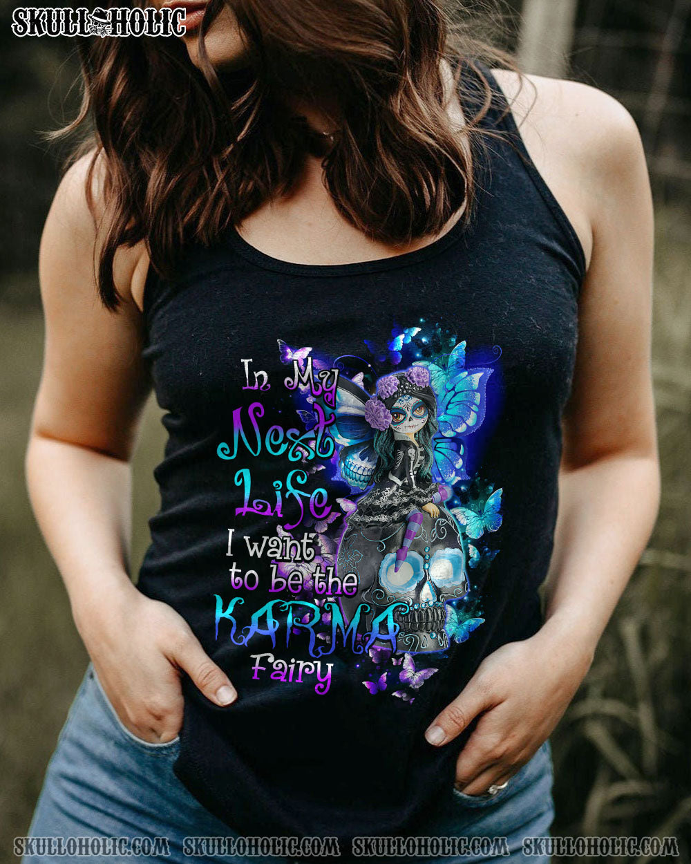 In My Next Life I Want to Be the Karma Fairy Goth Skull and Butterfly Graphic AOP Shirts _11_ RbXzW