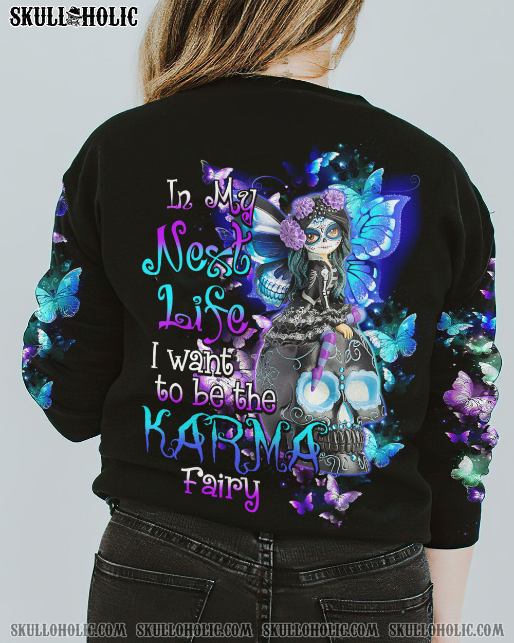 In My Next Life I Want to Be the Karma Fairy Goth Skull and Butterfly Graphic AOP Shirts _5_ Zx46L