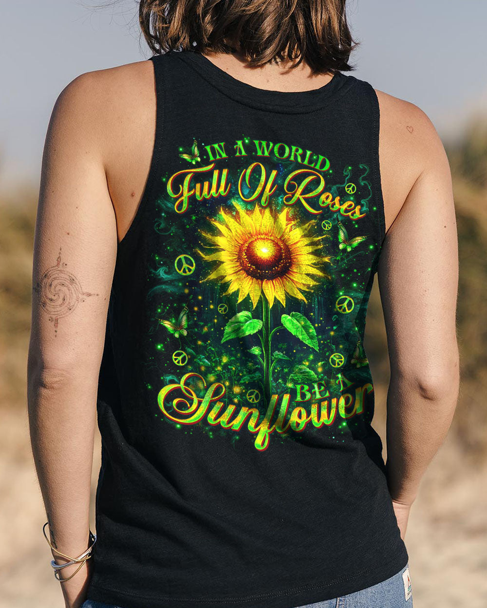 In a World Full of Roses Be a Sunflower Positive Sunflower Inspirational AOP Shirts _12_ FXUIf