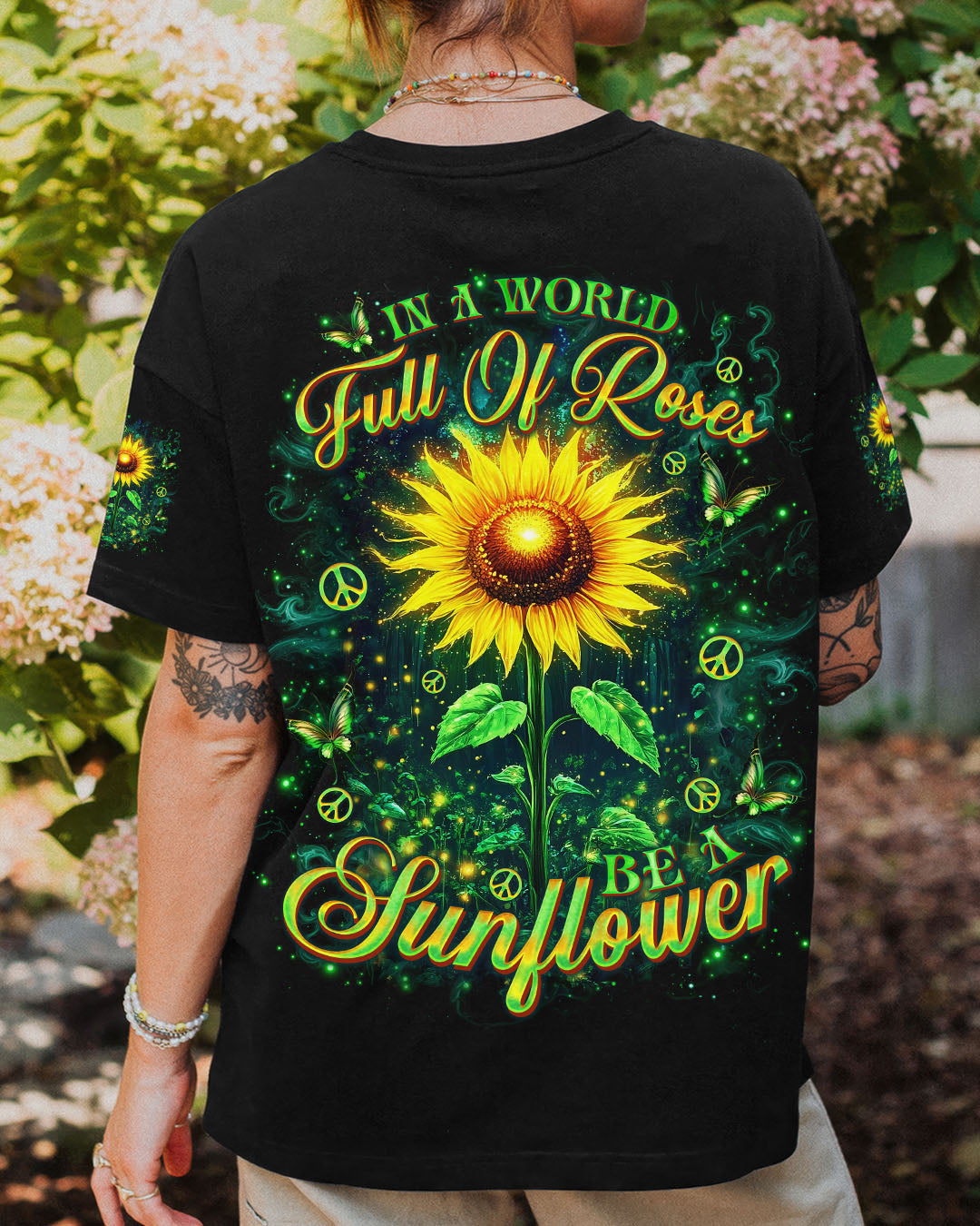 In a World Full of Roses Be a Sunflower Positive Sunflower Inspirational AOP Shirts _1_ CE5WD