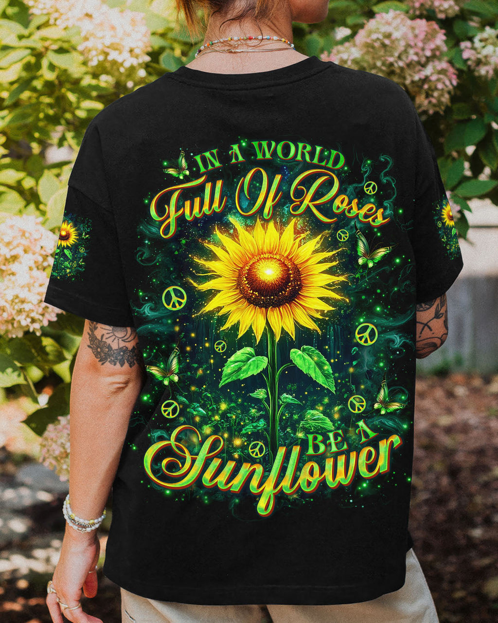 In a World Full of Roses Be a Sunflower Positive Sunflower Inspirational AOP Shirts _1_ CE5WD