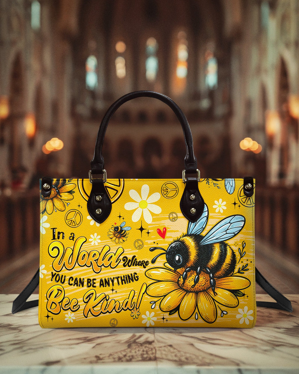 In a World Where You Can Be Anything Bee Kind Yellow Bee and Daisy Leather Bag _1_ qtohr