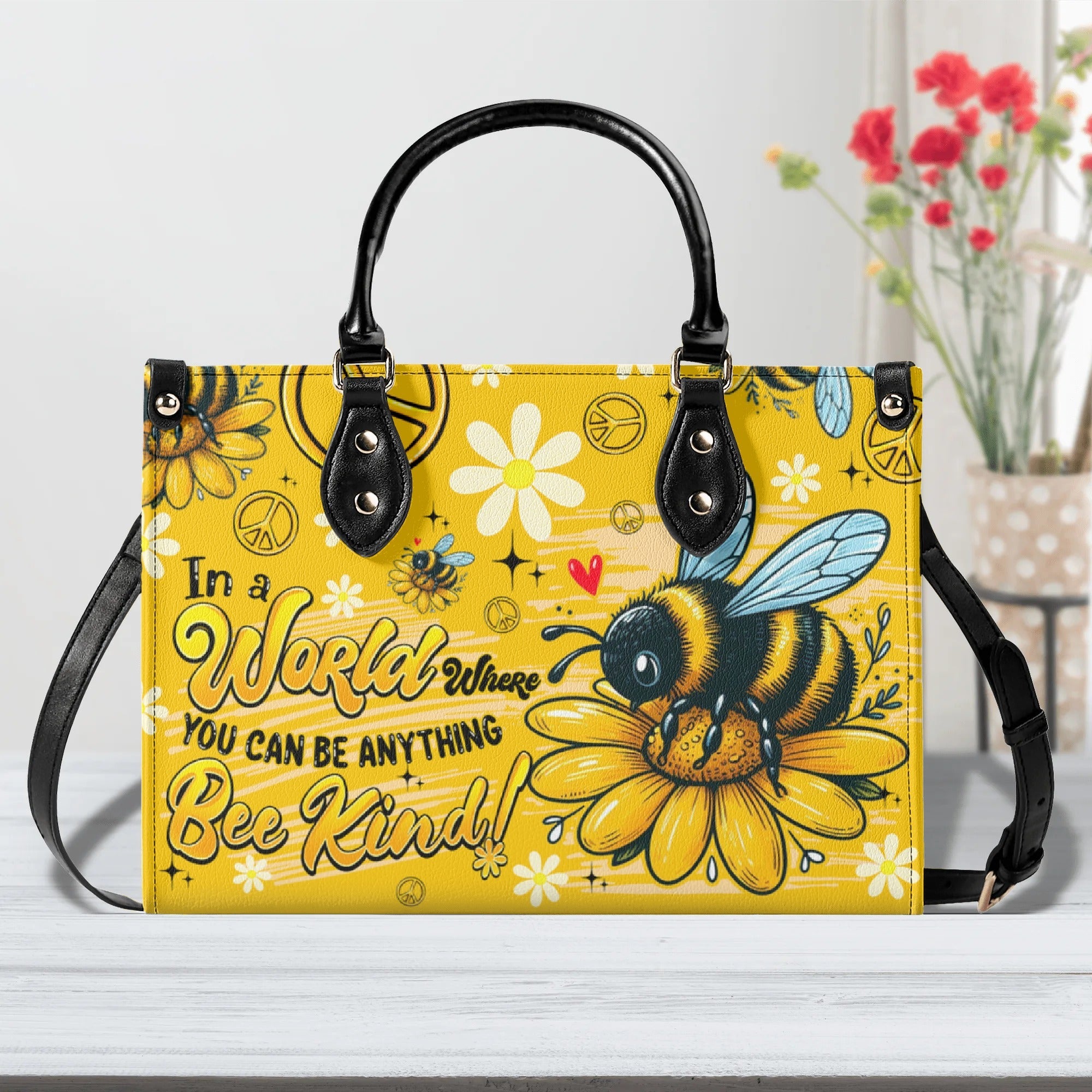 In a World Where You Can Be Anything Bee Kind Yellow Bee and Daisy Leather Bag _5_ e3IEC
