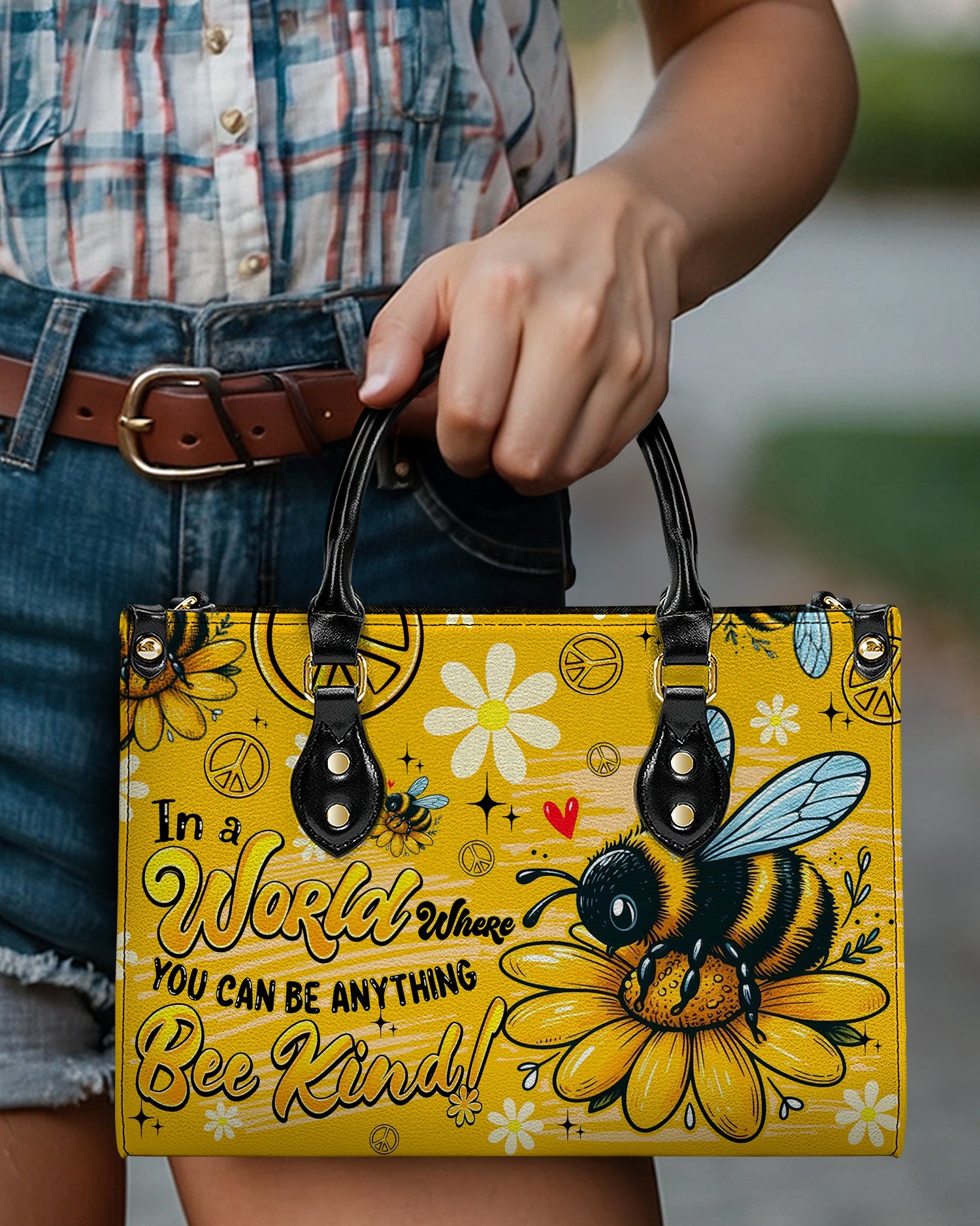 In a World Where You Can Be Anything Bee Kind Yellow Bee and Daisy Leather Bag _9_ yyNPZ