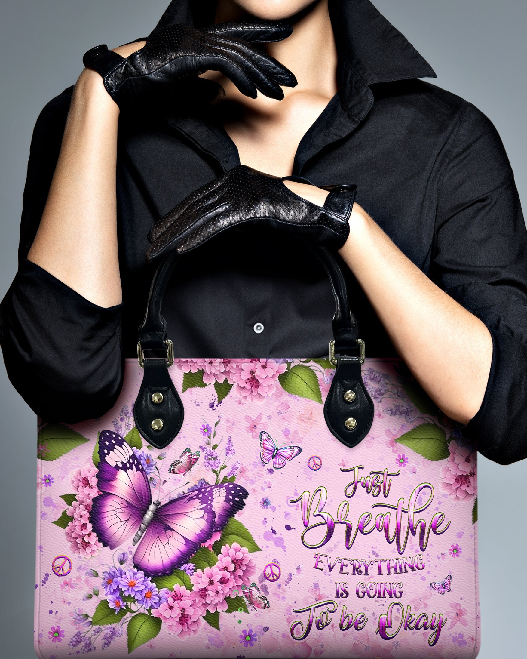 Just Breathe Everything Is Going To Be Okay Butterfly with Pink Floral Hippie Leather Bag _11_ 49Jkr