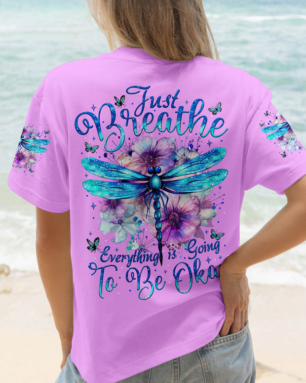 Just Breathe, Everything Is Going To Be Okay - Dragonfly and Floral Design - AOP Shirts