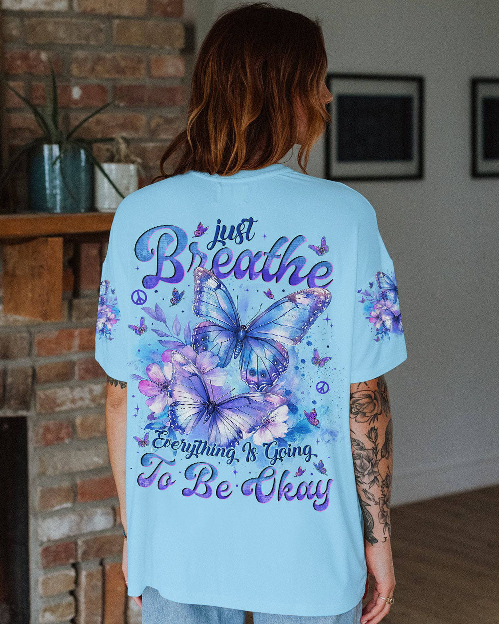 Just Breathe Everything Is Going To Be Okay Light Blue Butterfly AOP Shirts _1_ 92xzu