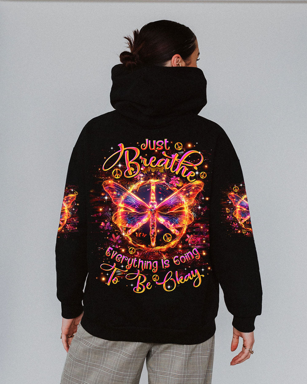 Just Breathe Everything Is Going to Be Okay Butterfly and Peace Sign Motivational AOP Shirts _12_ 3j77y