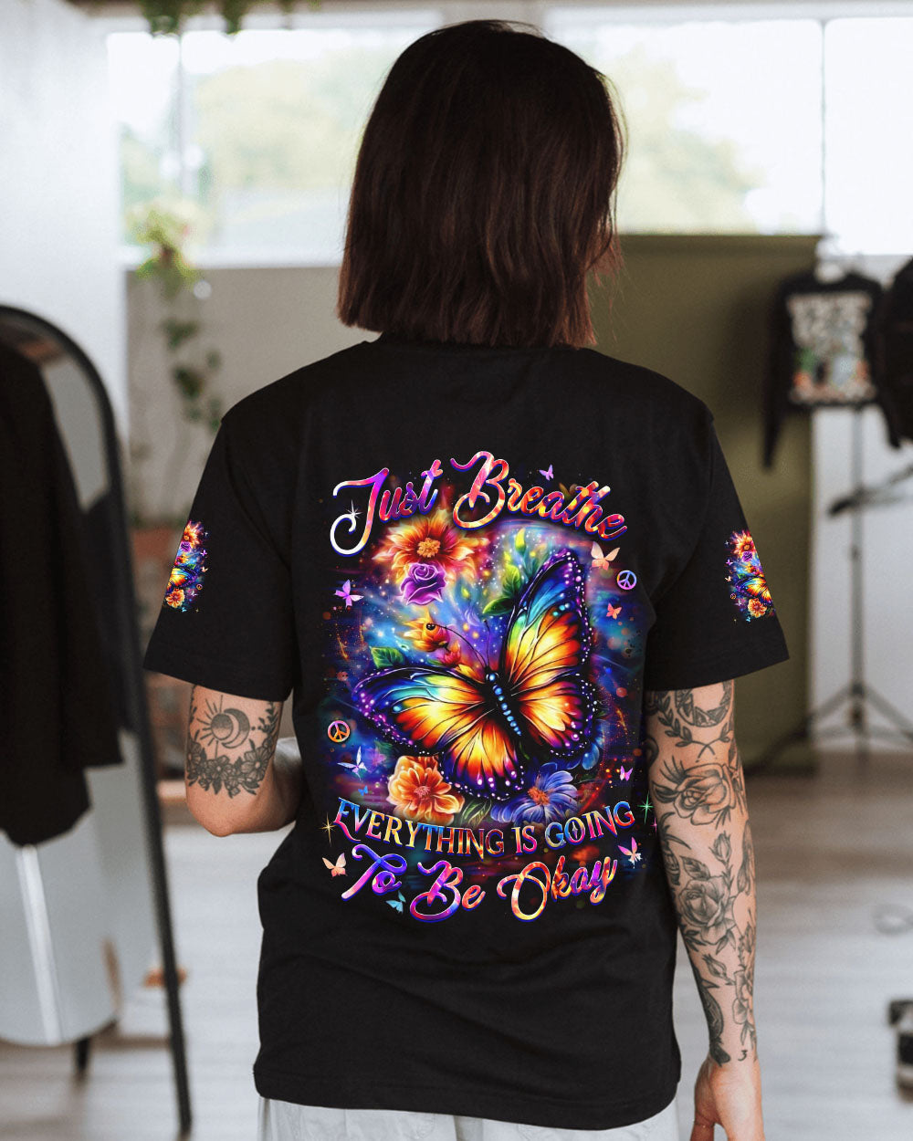 Just Breathe Everything Is Going to Be Okay Colorful Butterfly Floral Graphic AOP Shirts _1_ 009ol