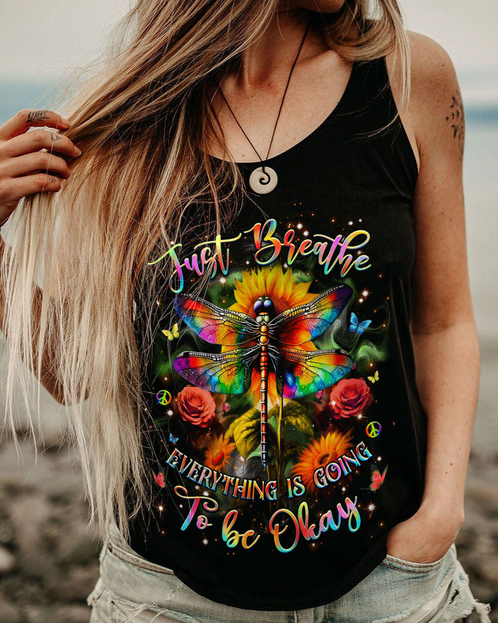 Just Breathe Everything Is Going to Be Okay Colorful Dragonfly Flower AOP Shirts _11_ mJwTs