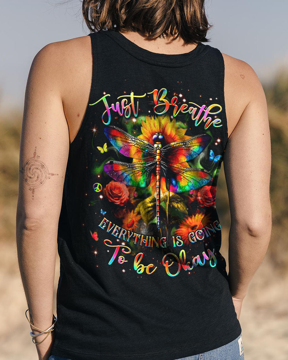 Just Breathe Everything Is Going to Be Okay Colorful Dragonfly Flower AOP Shirts _13_ 0EEpk