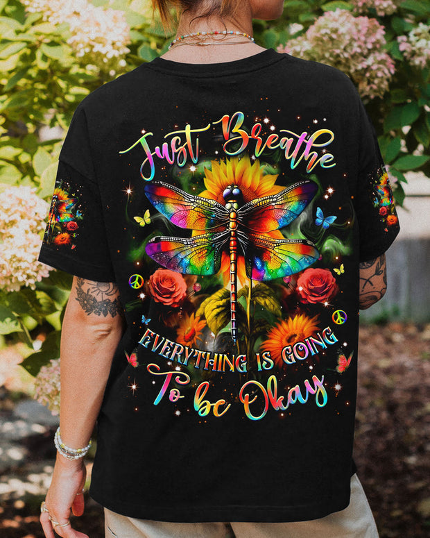 Just Breathe Everything Is Going to Be Okay - Colorful Dragonfly Flower - AOP Shirts