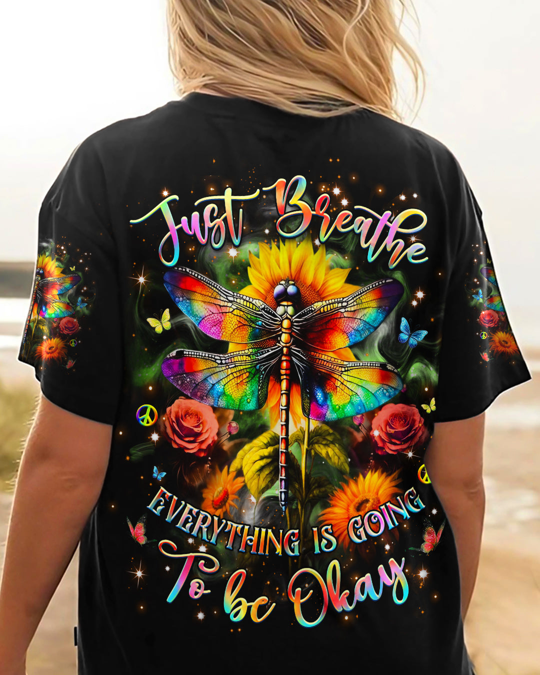 Just Breathe Everything Is Going to Be Okay Colorful Dragonfly Flower AOP Shirts _3_ qW4Ve