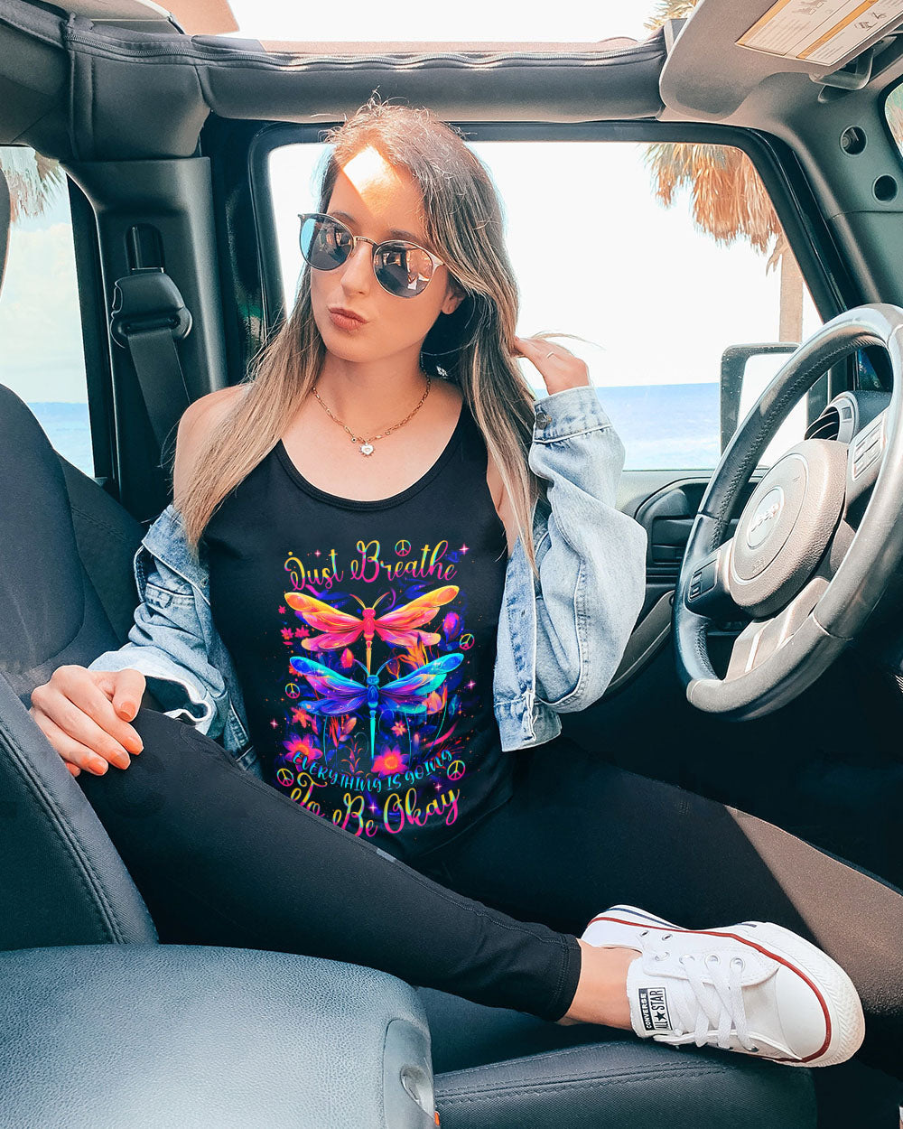 Just Breathe Everything Is Going to Be Okay Colorful Dragonfly Mental Health Tee AOP Shirt _11_ ndGIV