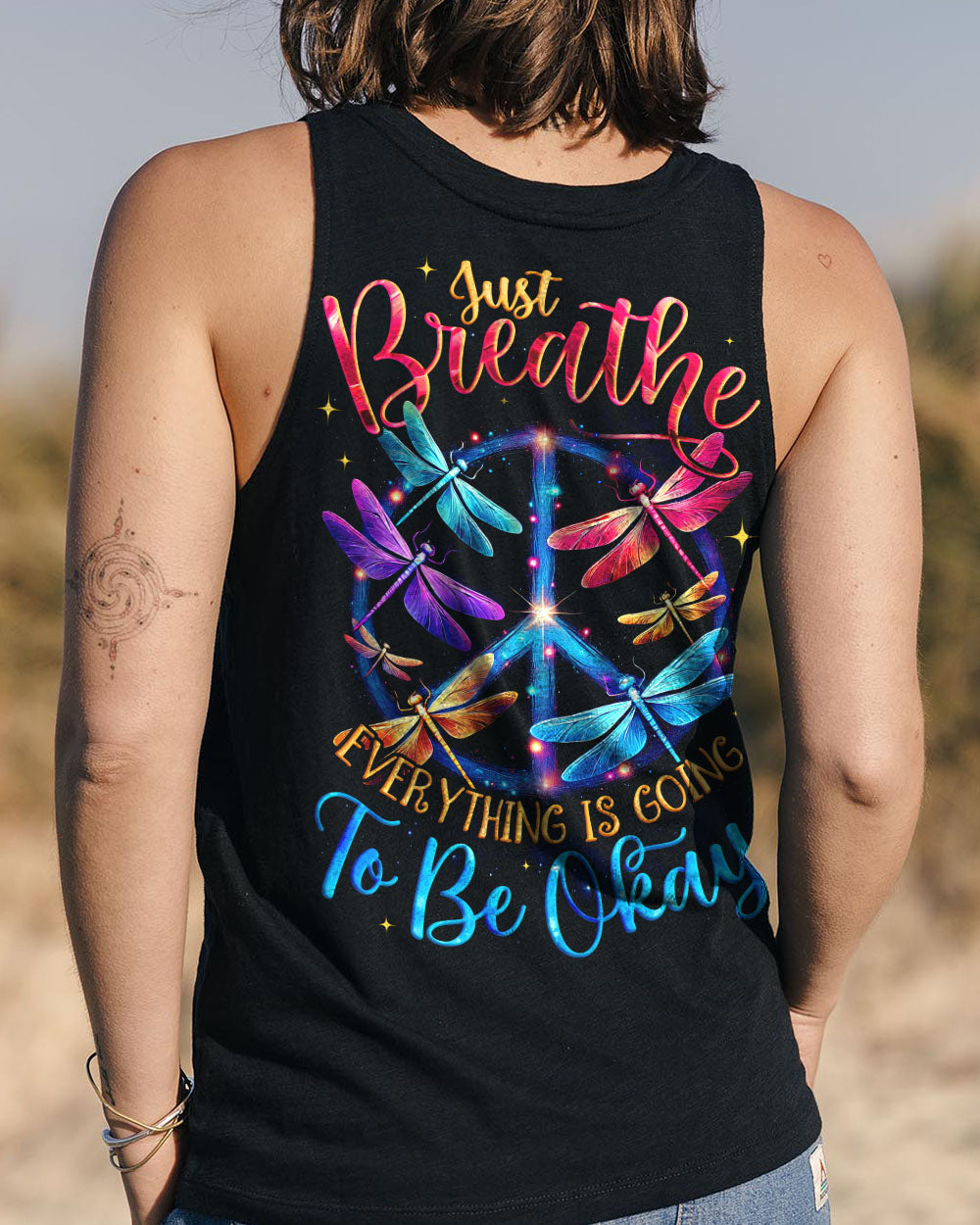 Just Breathe Everything Is Going to Be Okay Colorful Dragonfly Peace Sign AOP Shirts _13_ 1MyTg