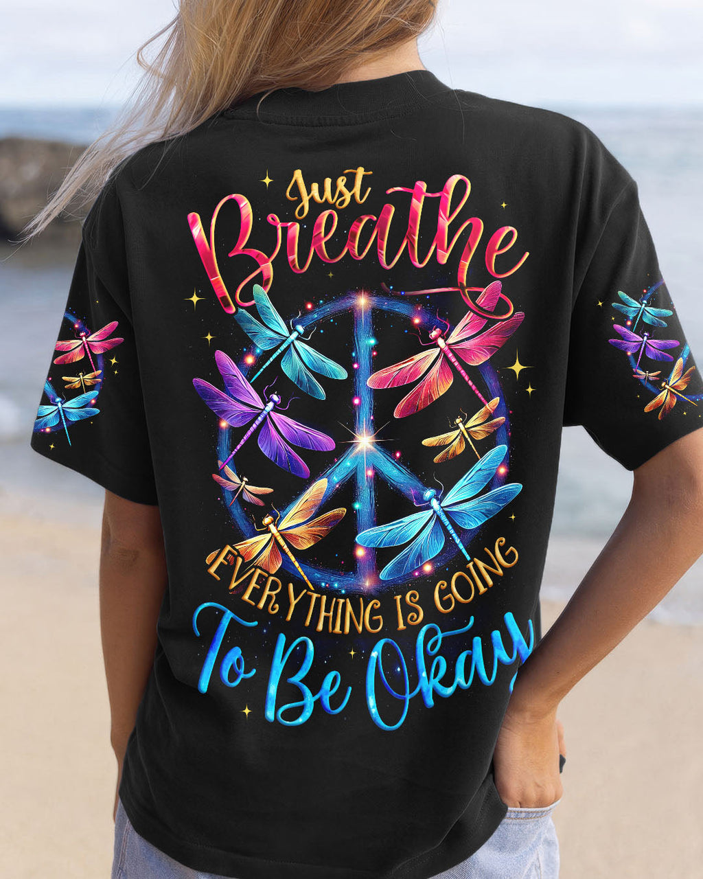 Just Breathe Everything Is Going to Be Okay Colorful Dragonfly Peace Sign AOP Shirts _1_ Luafx