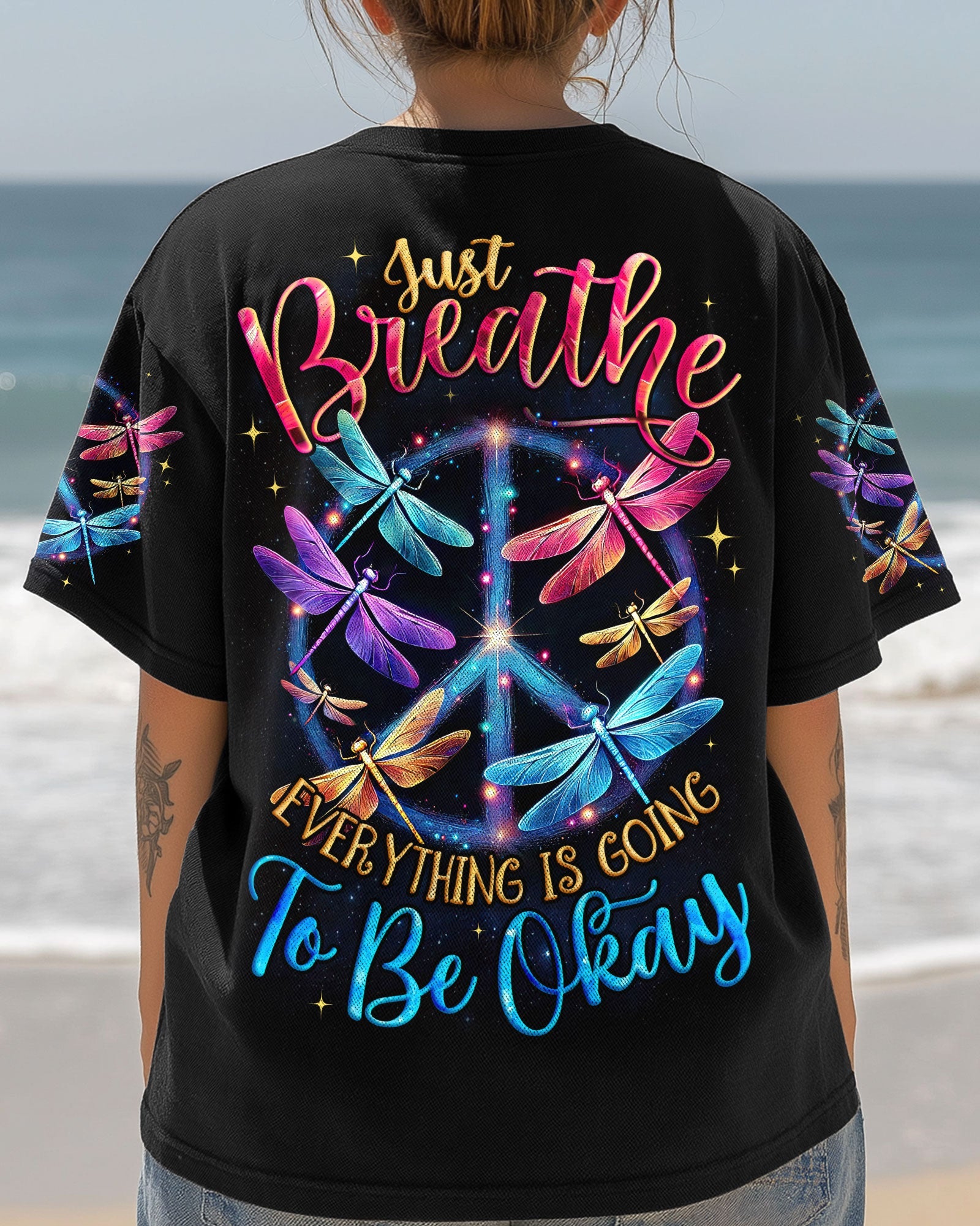 Just Breathe Everything Is Going to Be Okay Colorful Dragonfly Peace Sign AOP Shirts _3_ hluer