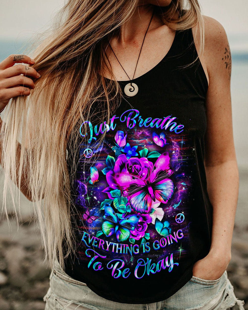 Just Breathe Everything Is Going to Be Okay Colorful Floral Butterfly AOP Shirts _12_ WSrYH