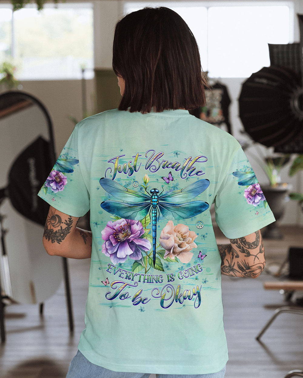 Just Breathe Everything Is Going to Be Okay Dragonfly and Flowers AOP Shirts _5_ bpwmM
