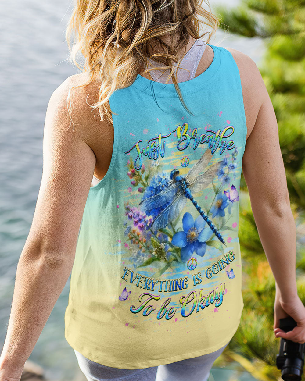 Just Breathe Everything Is Going to Be Okay Dragonfly and Flowers Motivational AOP Shirts _11_ rwnWz