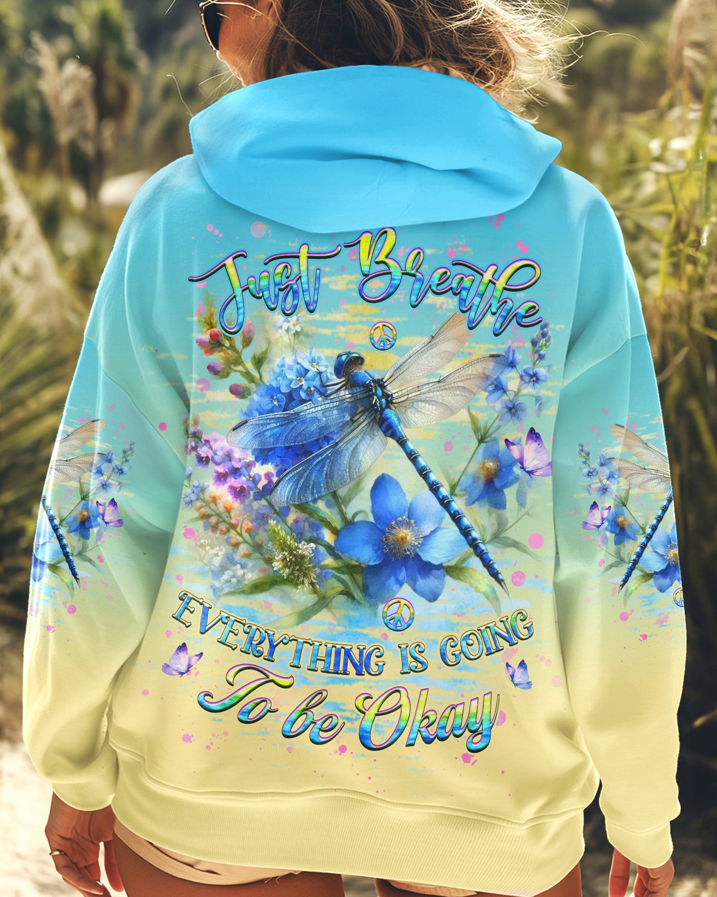 Just Breathe Everything Is Going to Be Okay Dragonfly and Flowers Motivational AOP Shirts _5_ 3GagV
