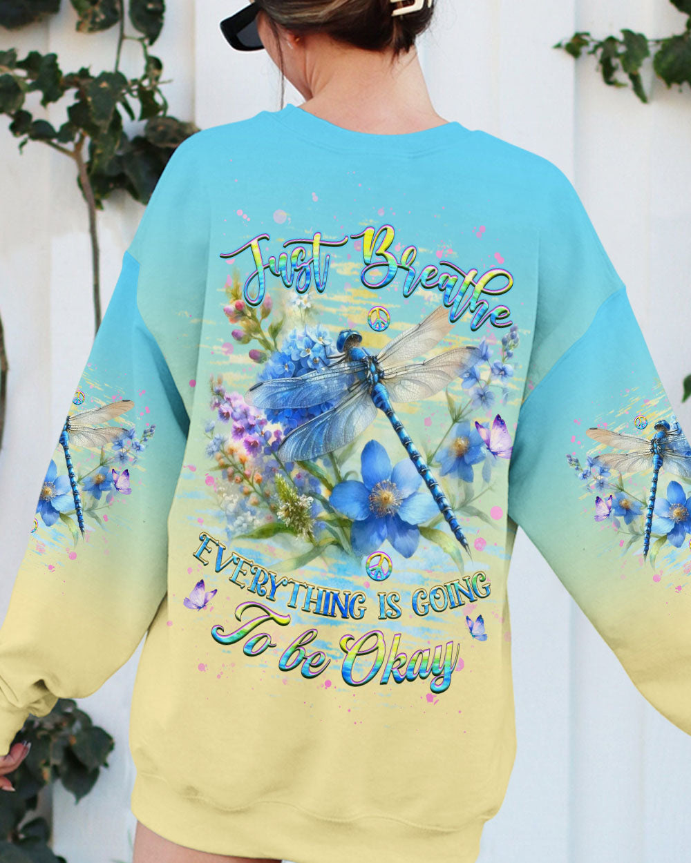 Just Breathe Everything Is Going to Be Okay Dragonfly and Flowers Motivational AOP Shirts _7_ Yqu6K