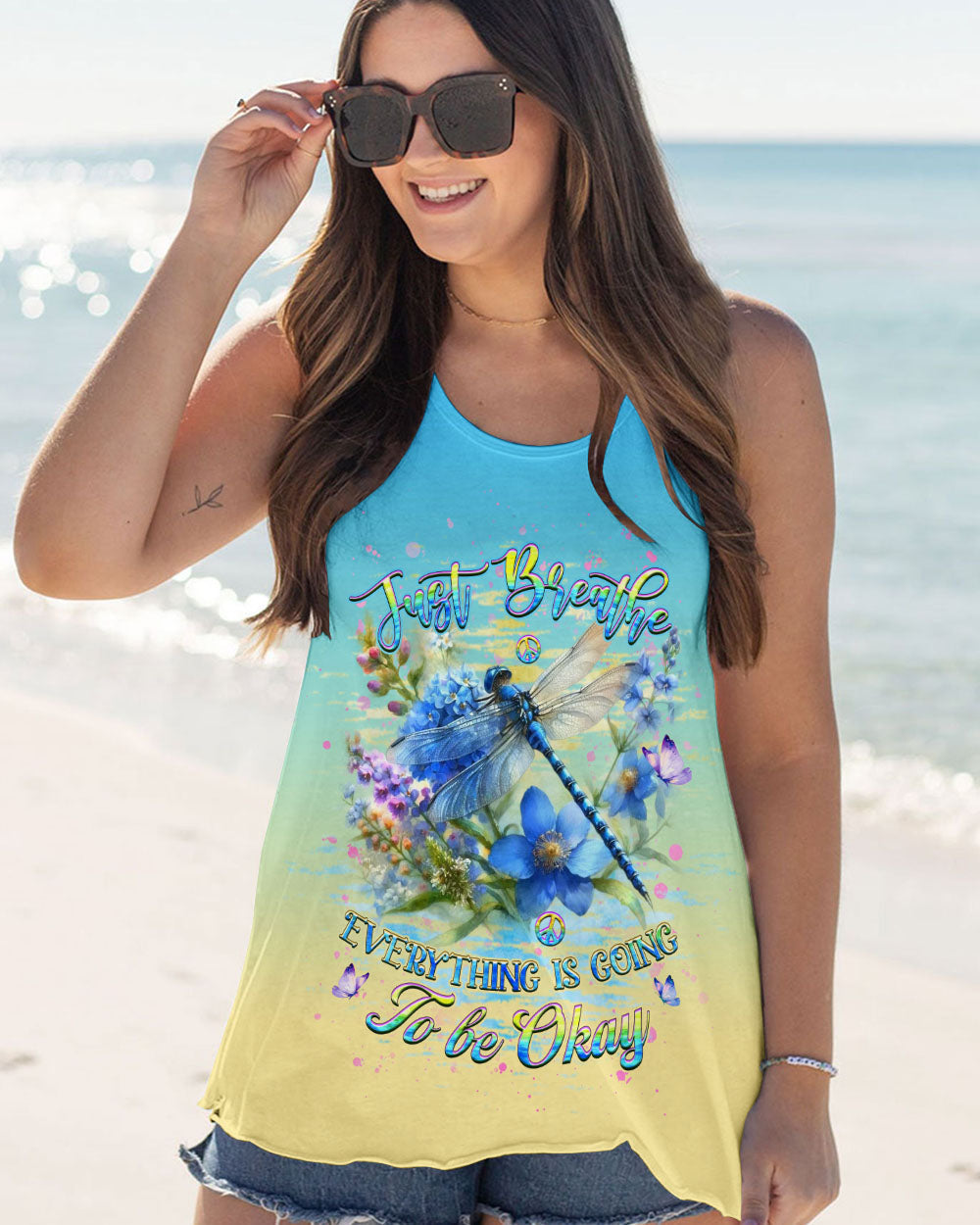 Just Breathe Everything Is Going to Be Okay Dragonfly and Flowers Motivational AOP Shirts _9_ 3nhzu